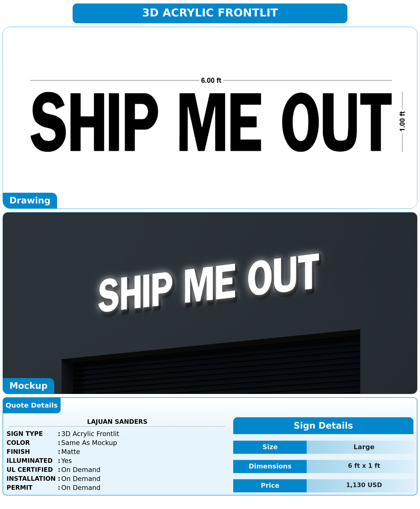 50% Payment for CUSTOM MOCKUP SIGN FOR LaJuan Sanders
