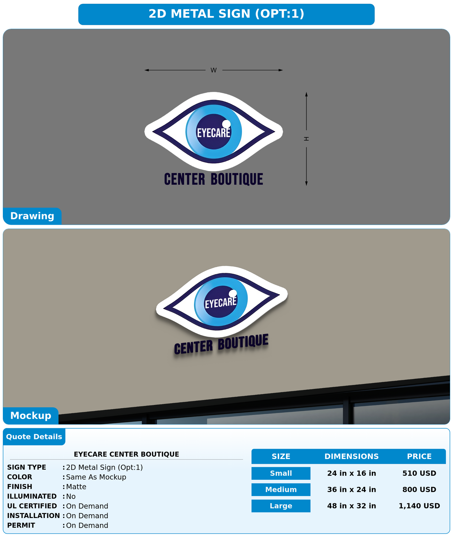 CUSTOM MOCKUP SIGN FOR EYECARE CENTER BOUTIQUE