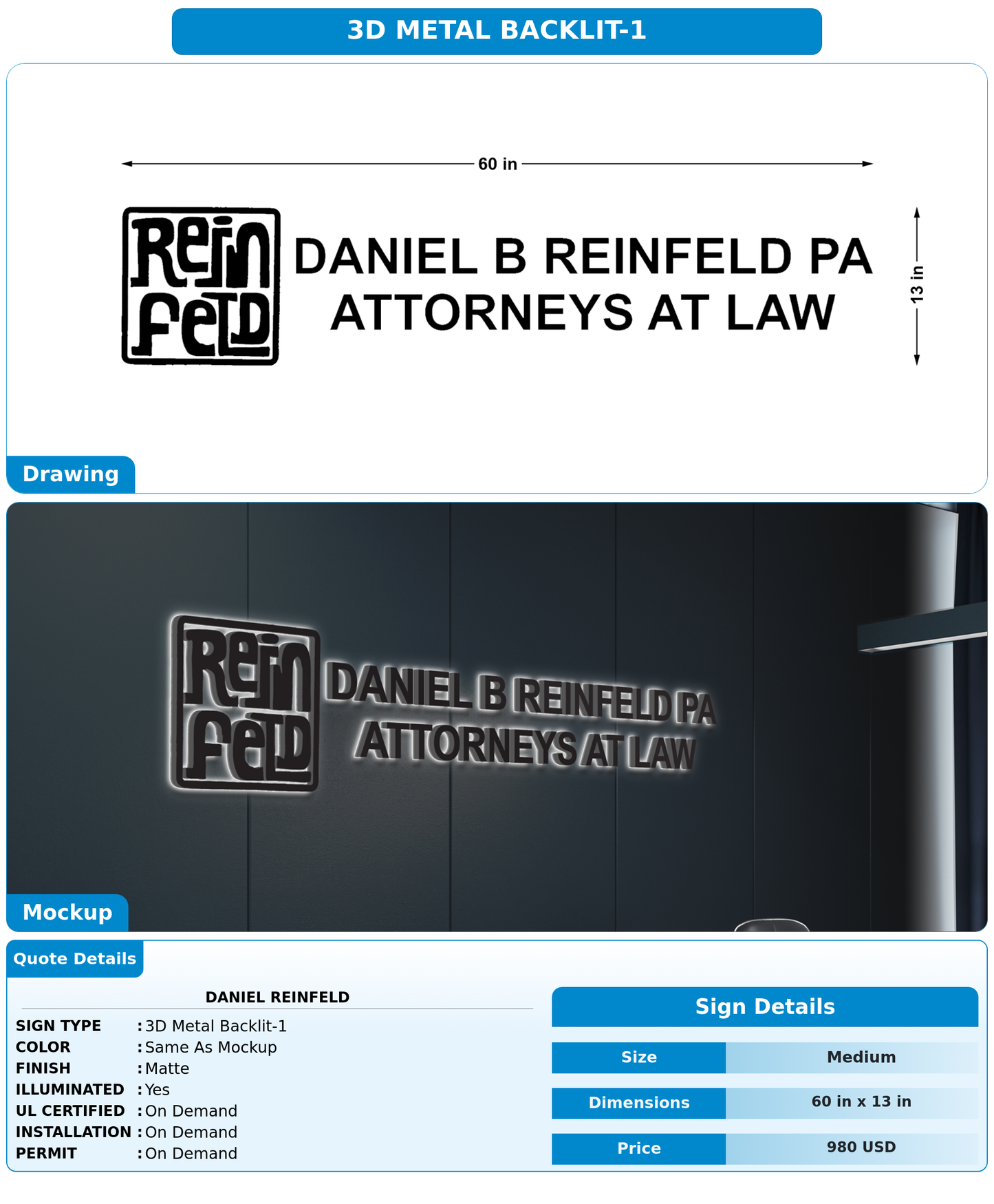 CUSTOM MOCKUP SIGN FOR Daniel Reinfeld