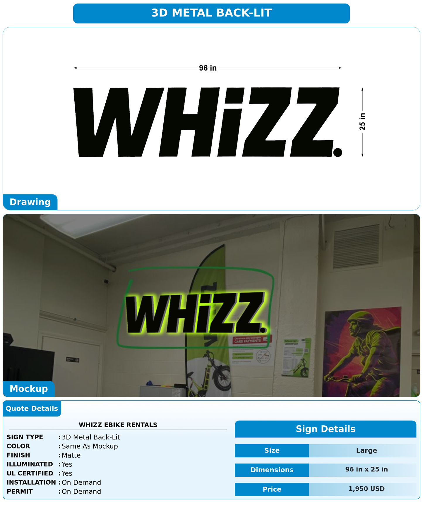 CUSTOM MOCKUP SIGN FOR Whizz ebike rentals