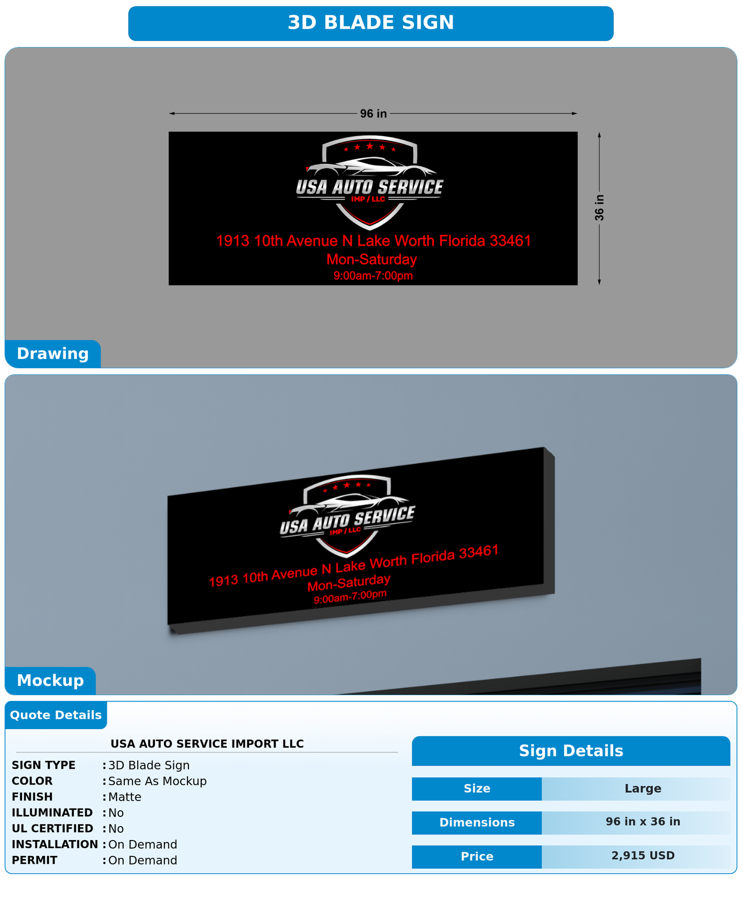 CUSTOM MOCKUP SIGN FOR Usa Auto Service Import Llc