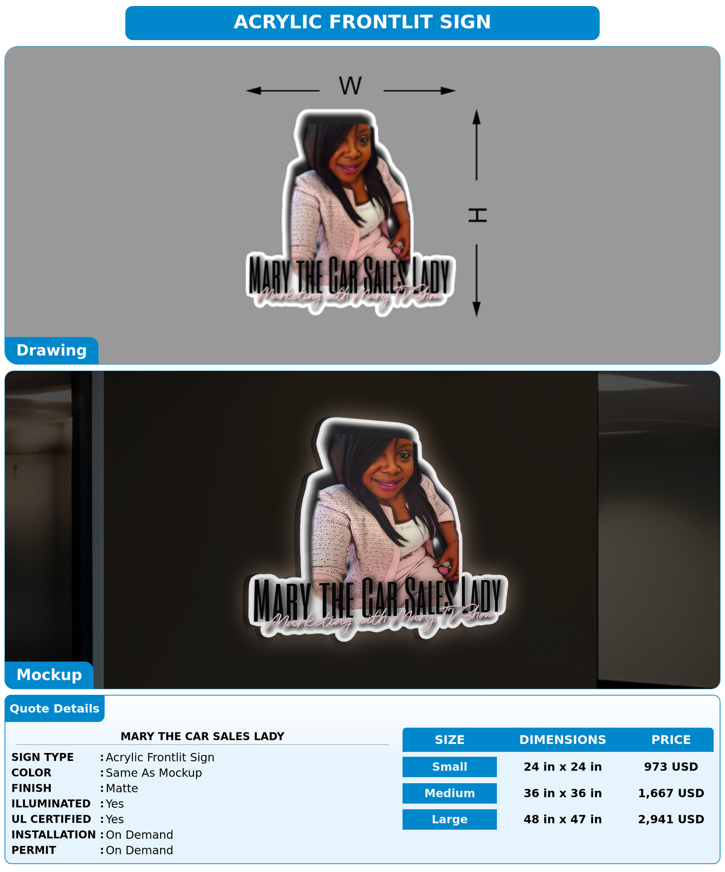 CUSTOM MOCKUP SIGN FOR MARY THE CAR SALES LADY