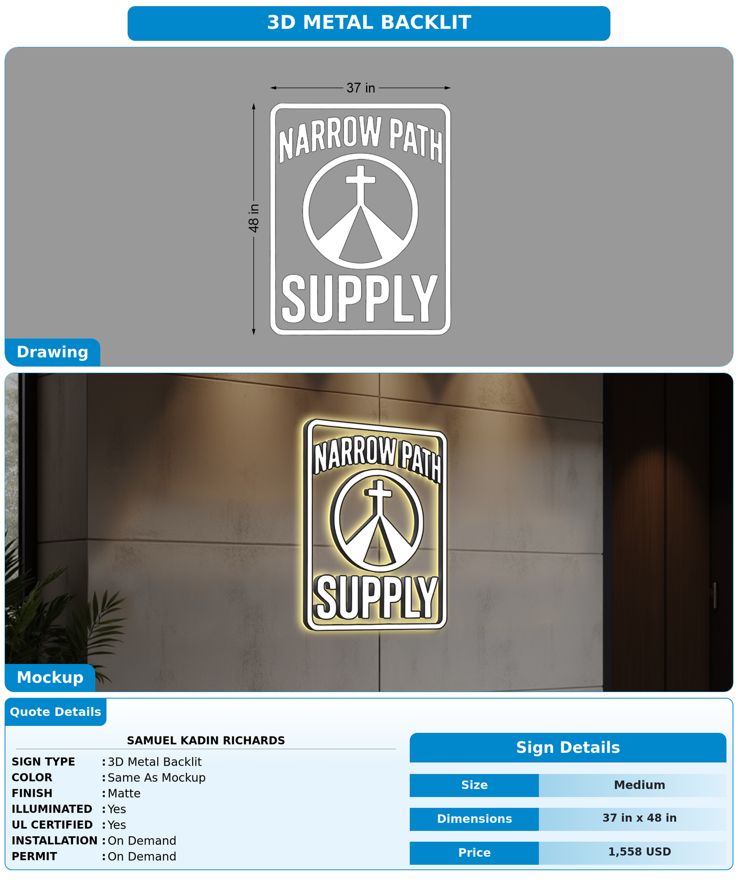 CUSTOM MOCKUP SIGN FOR Samuel Kadin Richards