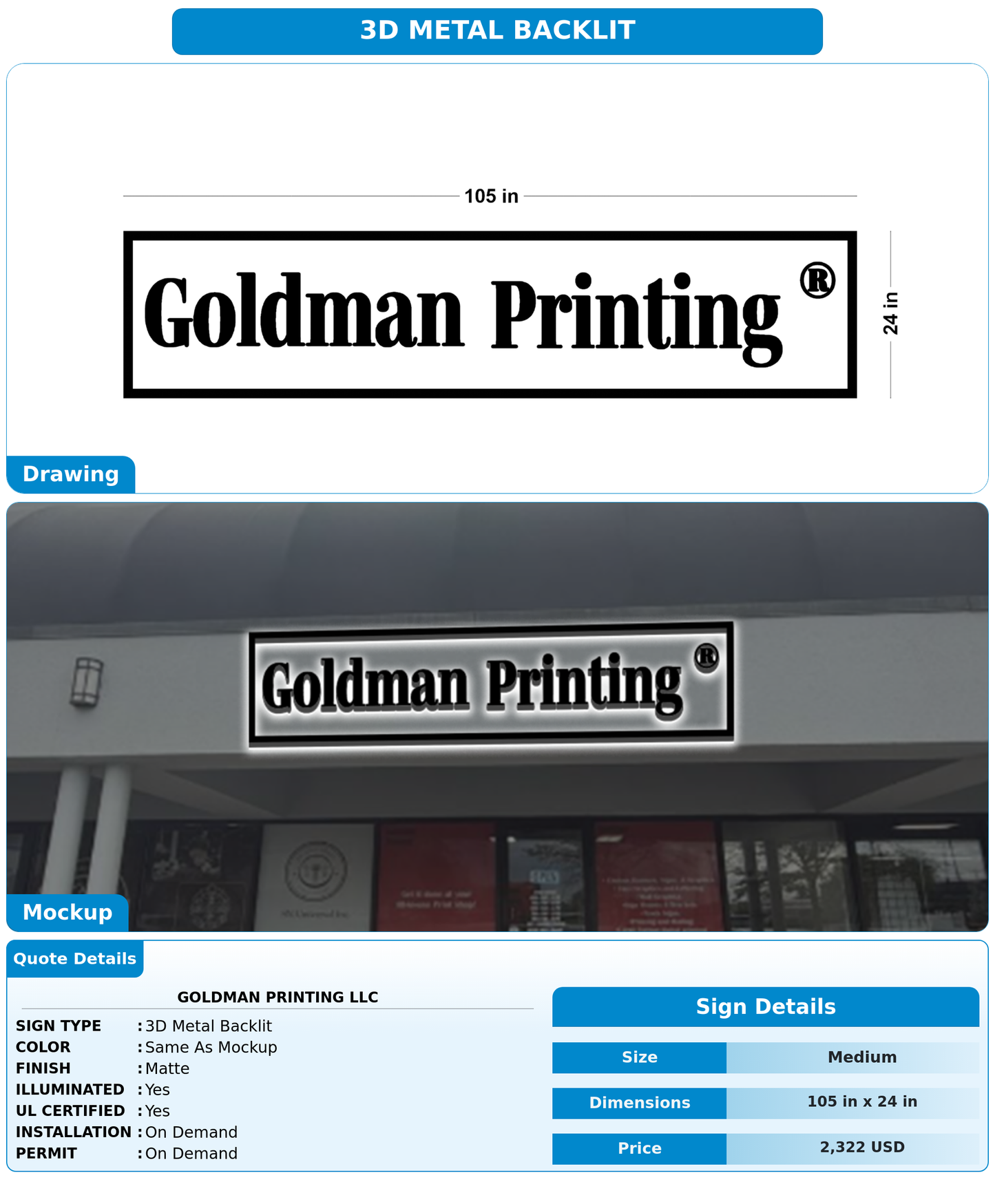 CUSTOM MOCKUP SIGN FOR Goldman Printing LLC