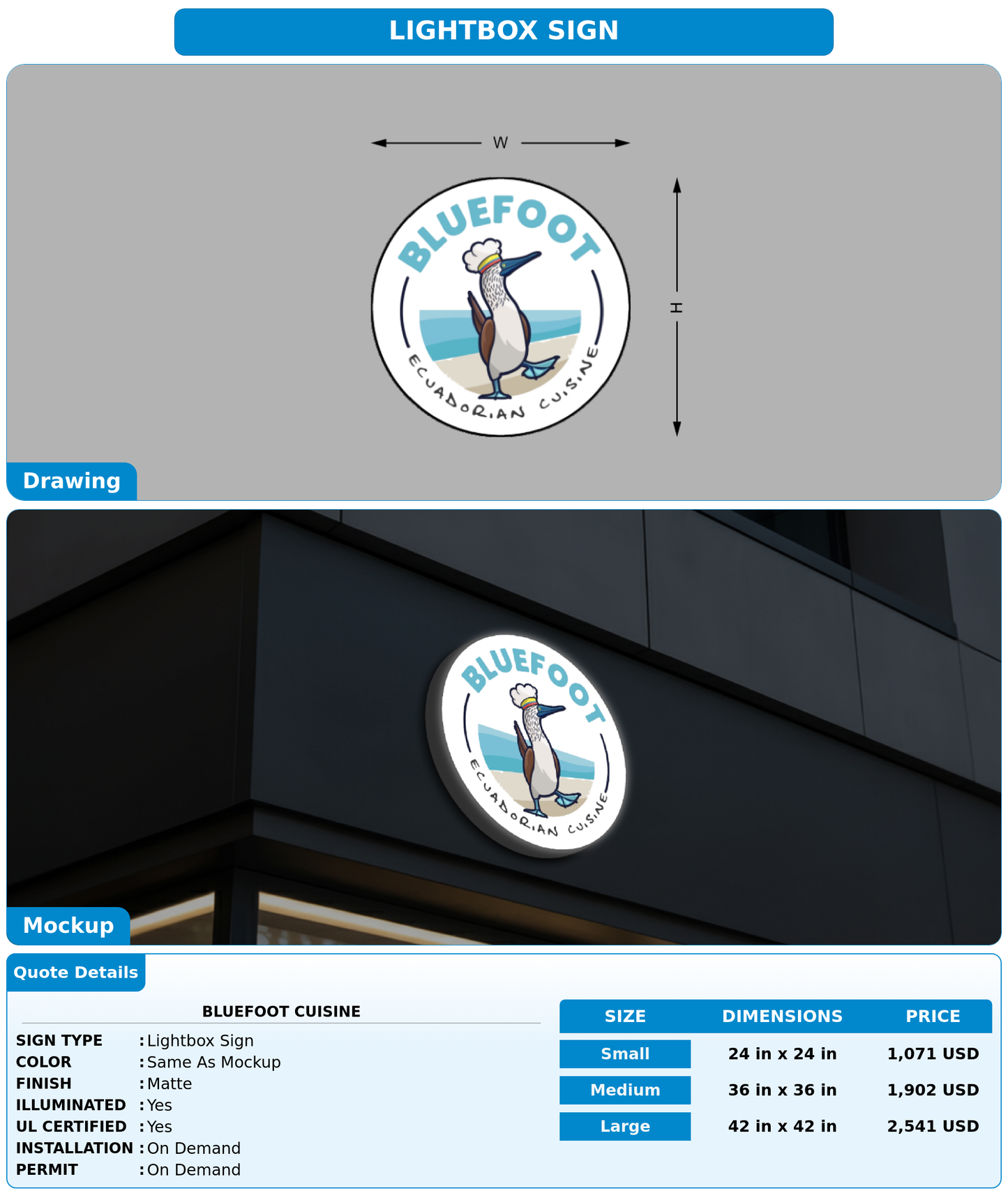 CUSTOM MOCKUP SIGN FOR Bluefoot Cuisine
