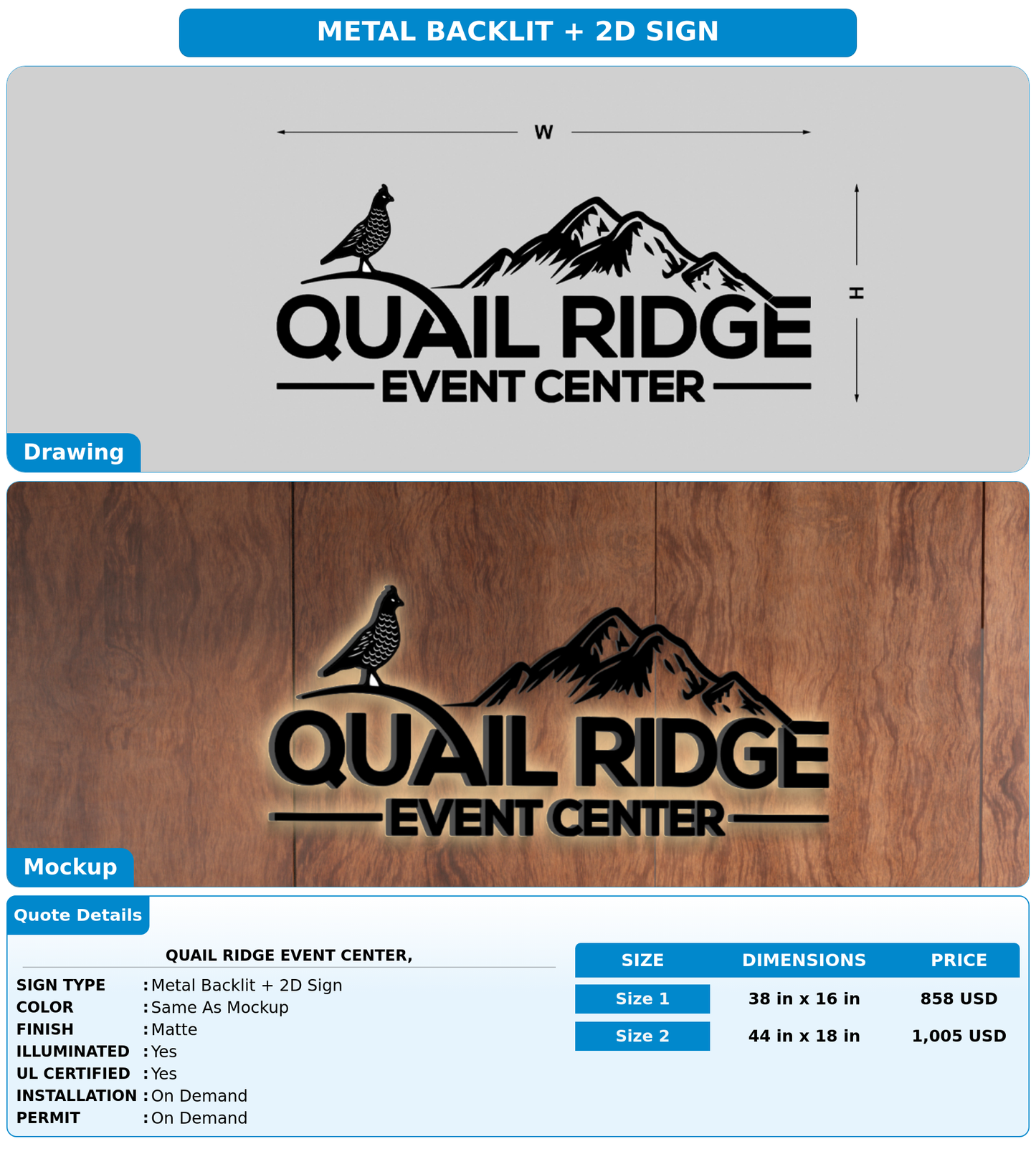 CUSTOM MOCKUP SIGN FOR Quail Ridge Event Center,