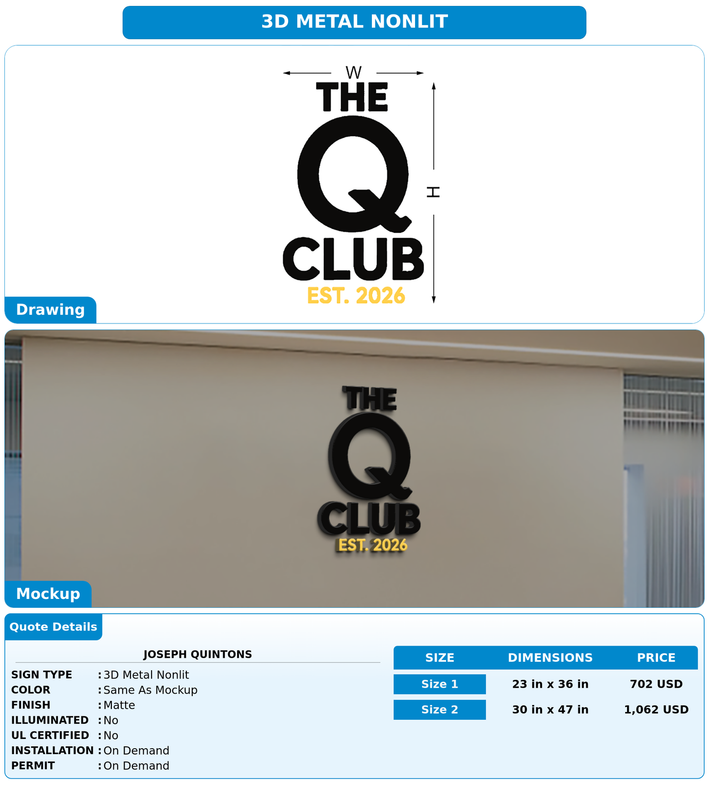 CUSTOM MOCKUP SIGN FOR Joseph Quintons