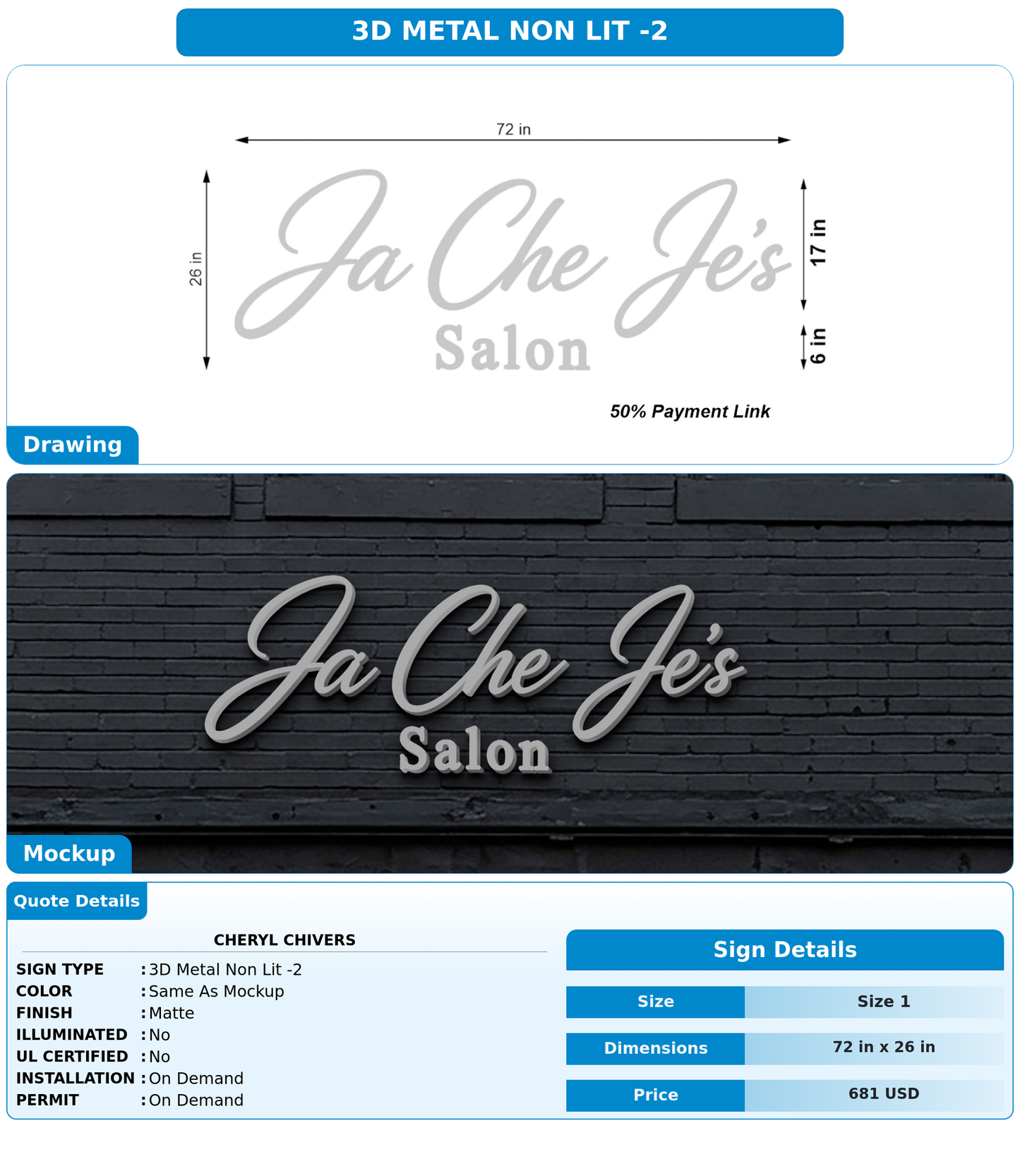50% payment Link Cheryl Chivers