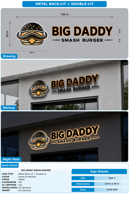 50% payment for indoor sign Big daddy Smash burger