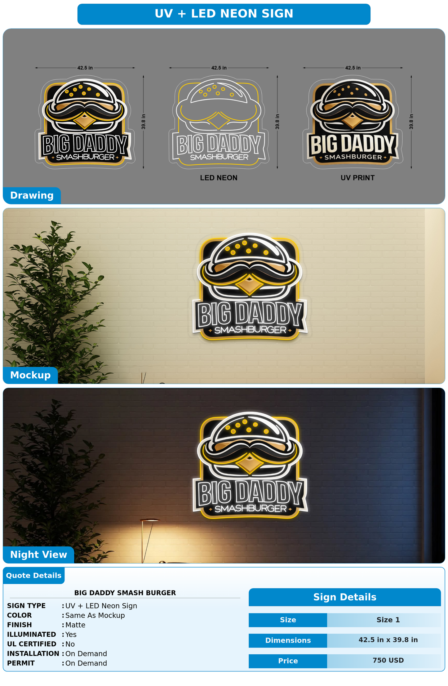 50% payment for indoor sign Big daddy Smash burger