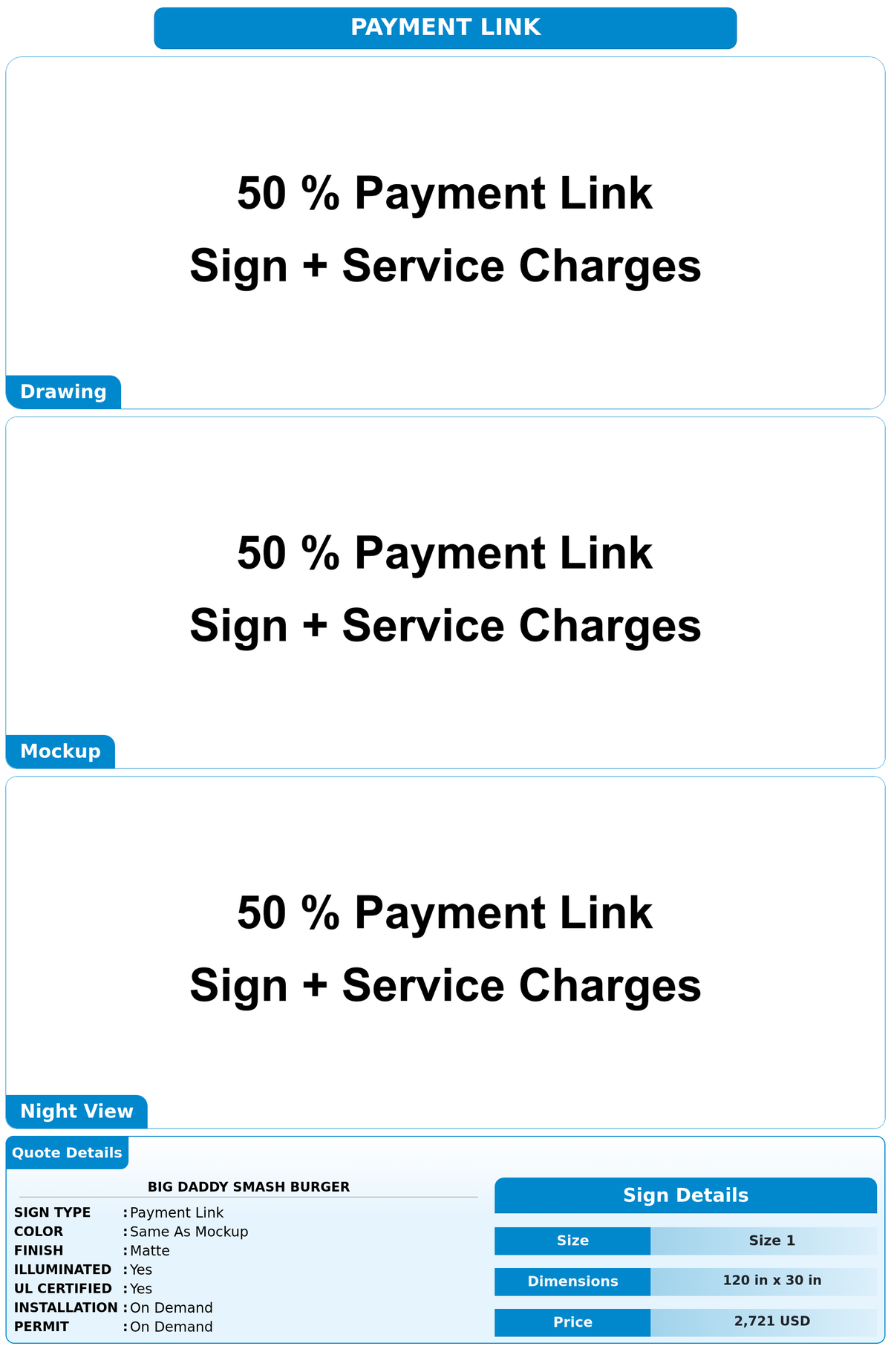 50% payment for indoor sign Big daddy Smash burger