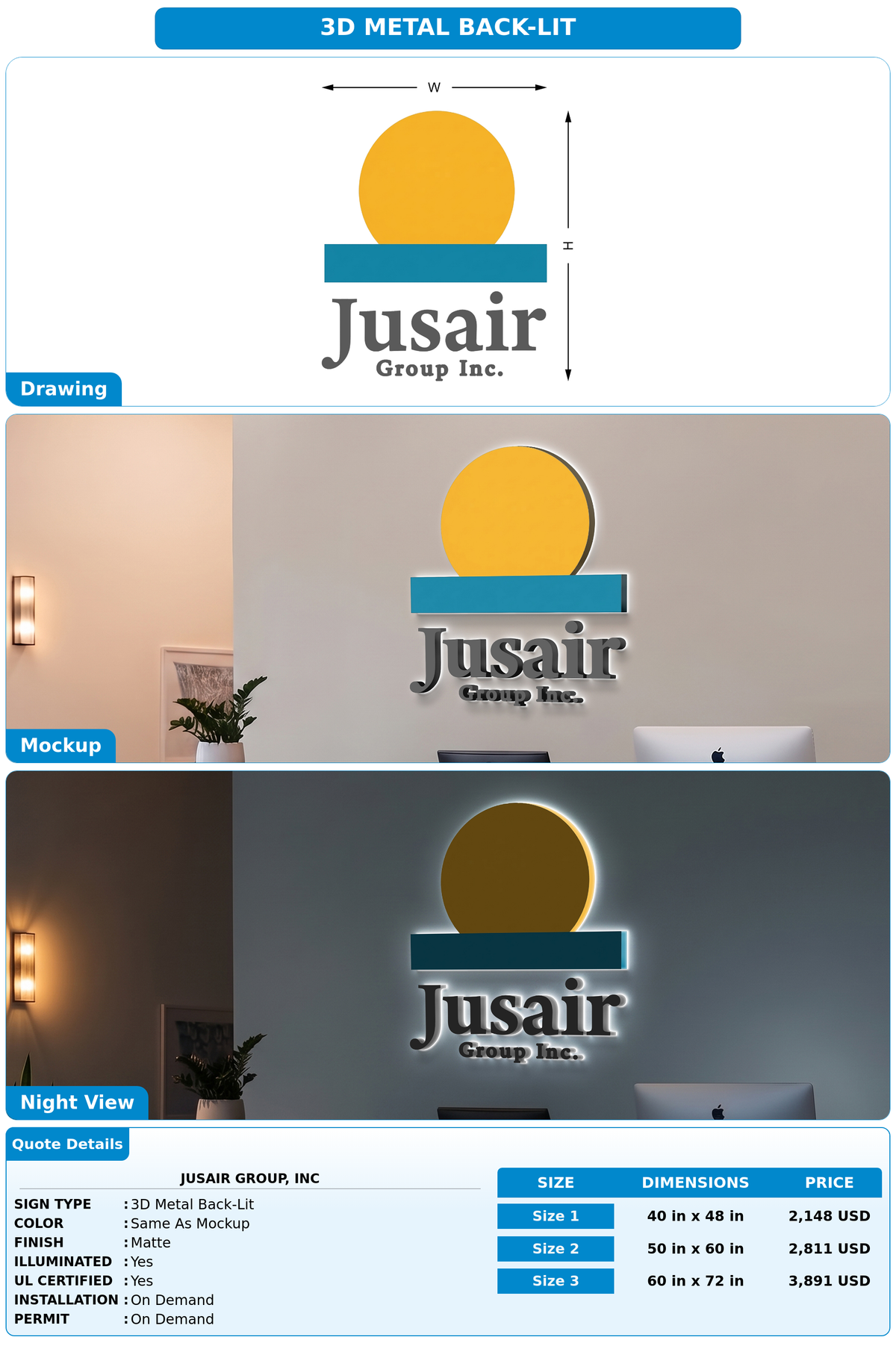 CUSTOM MOCKUP SIGN FOR JUSAIR GROUP, INC