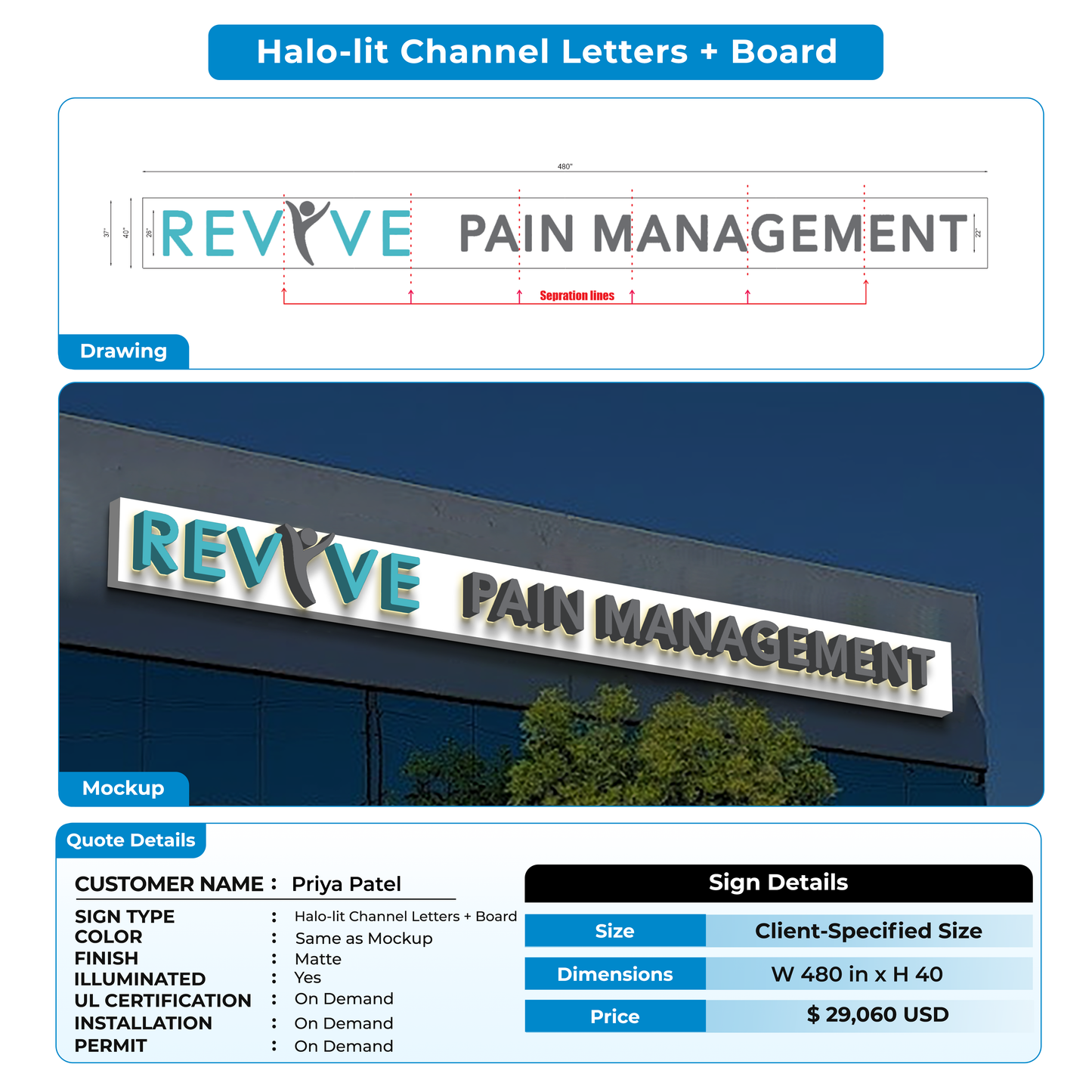 Halo-lit Channel Letters + Board For Priya Patel