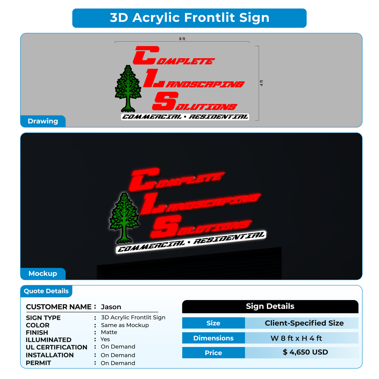 3D Acrylic Frontlit Sign for Jason