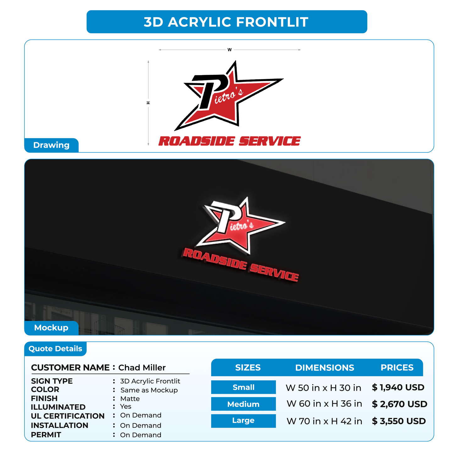 3D Acrylic Front Lit Sign For Chad Miller