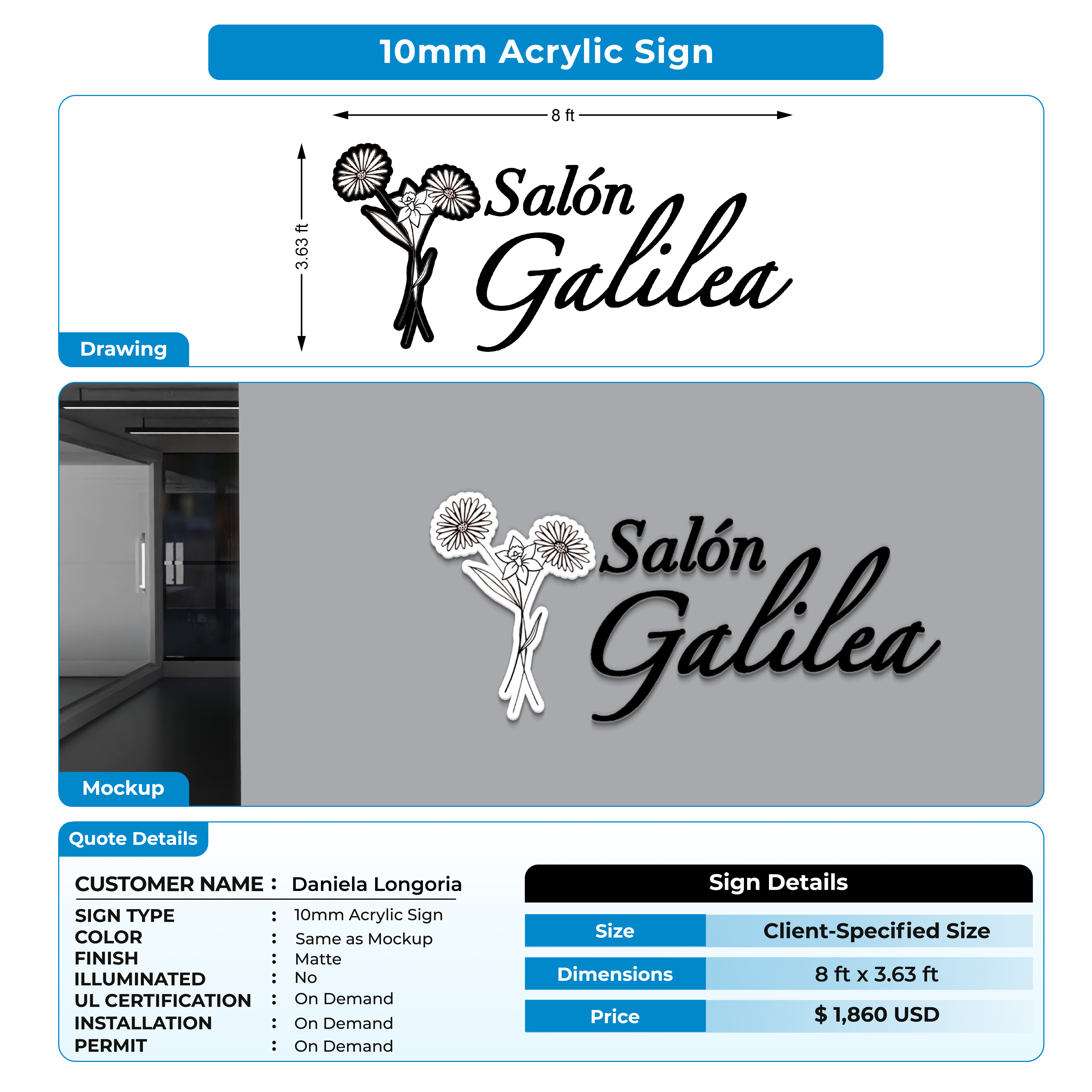 10mm acrylic sign Daniela Longoria – Signs INC