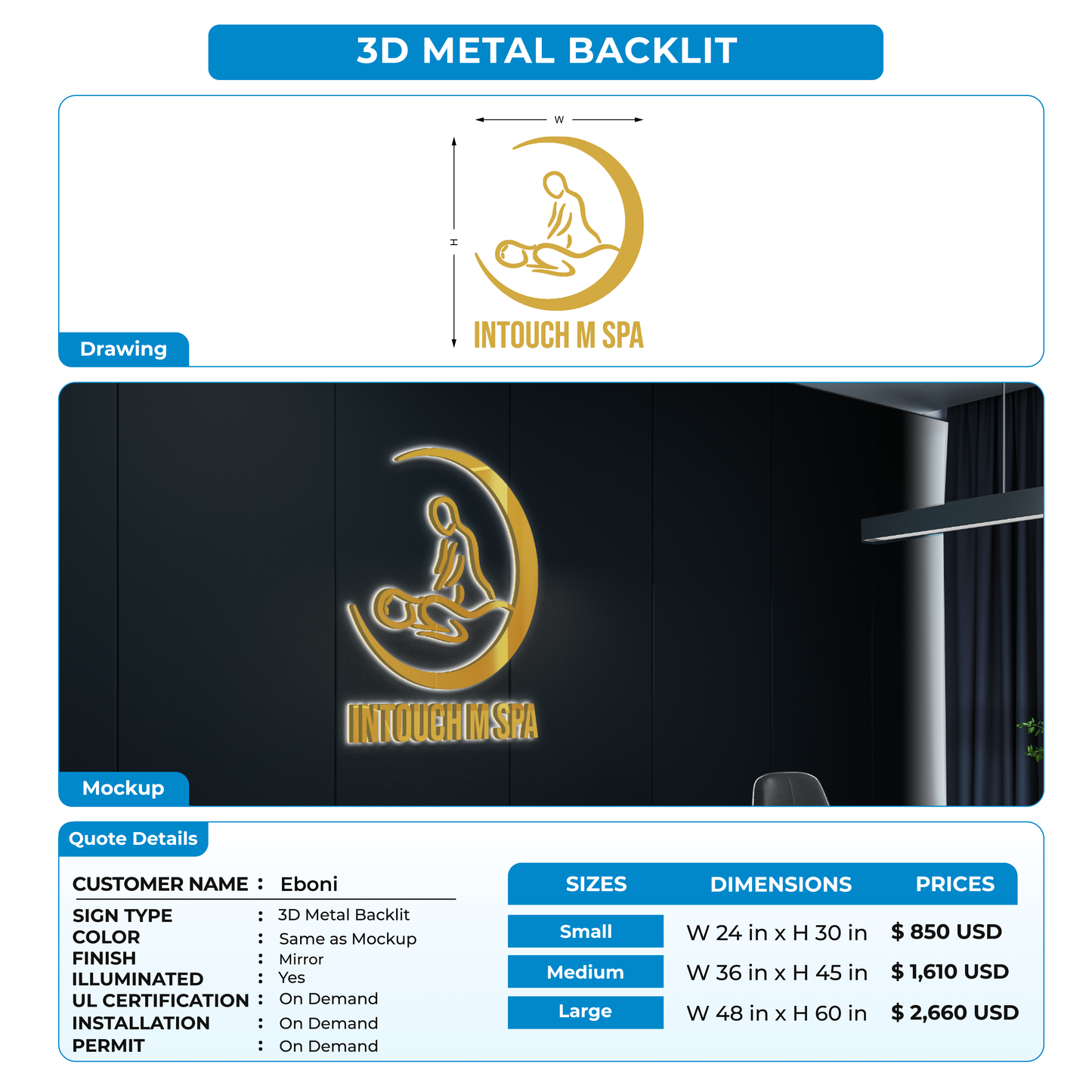 3D Metal Backlit Sign for Eboni