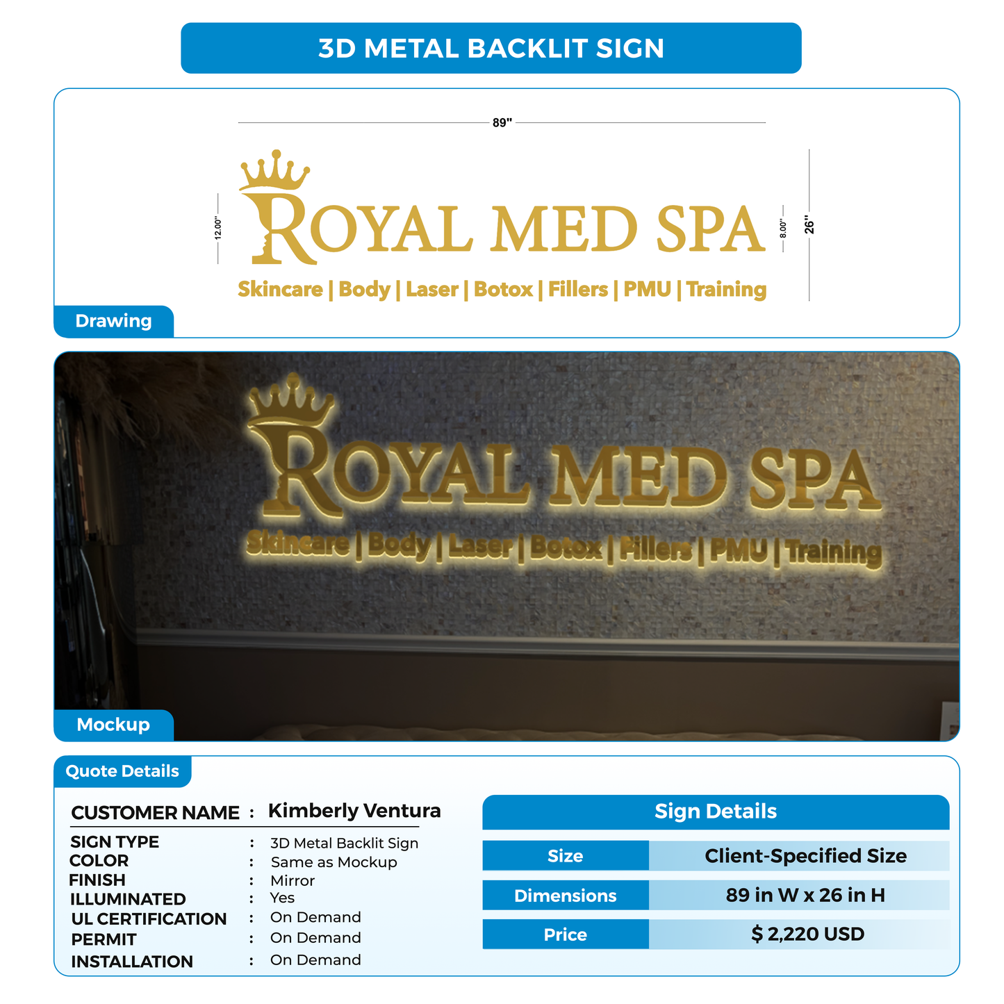 3D metal backlit sign for Kimberly Ventura