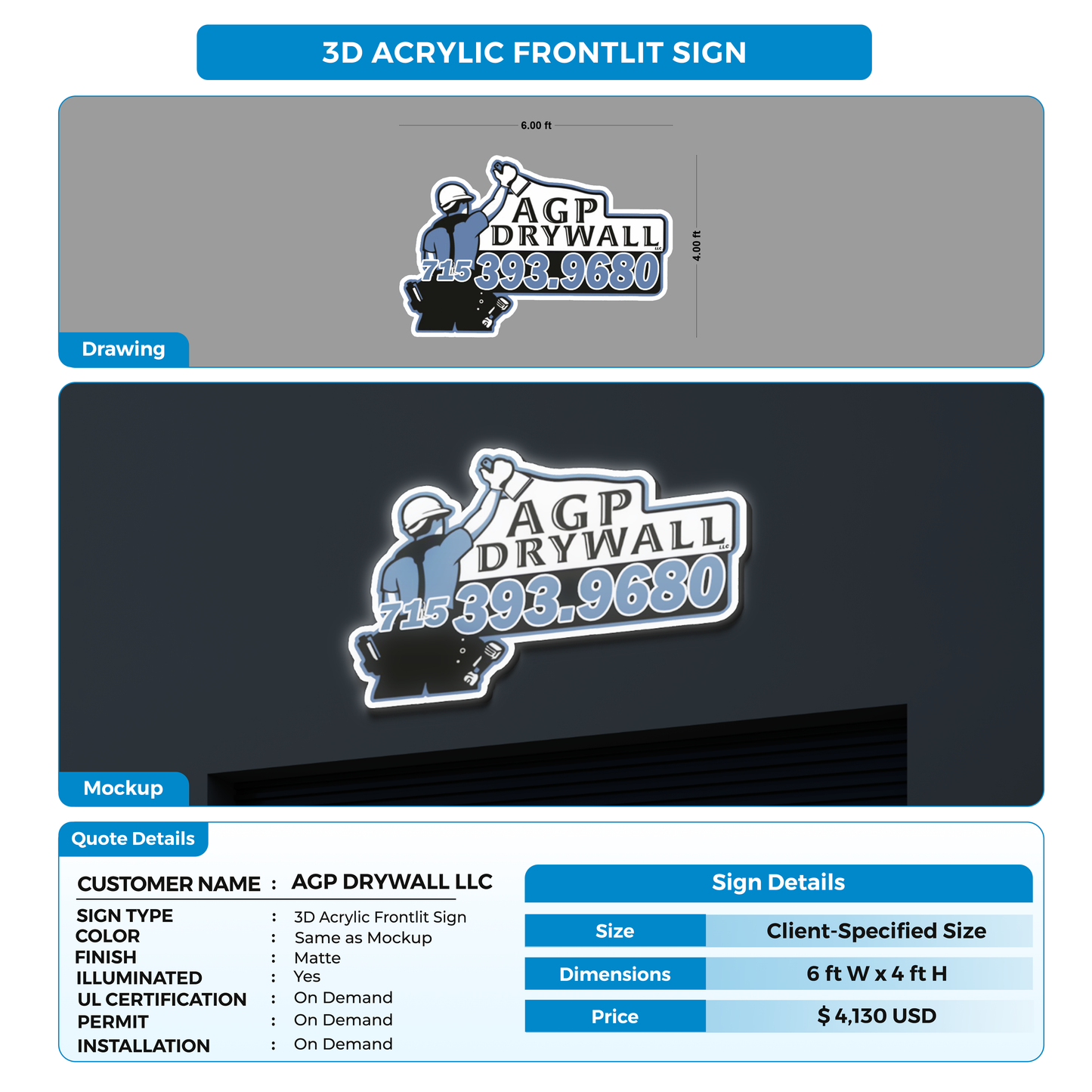 Business signage for AGP DRYWALL LLC