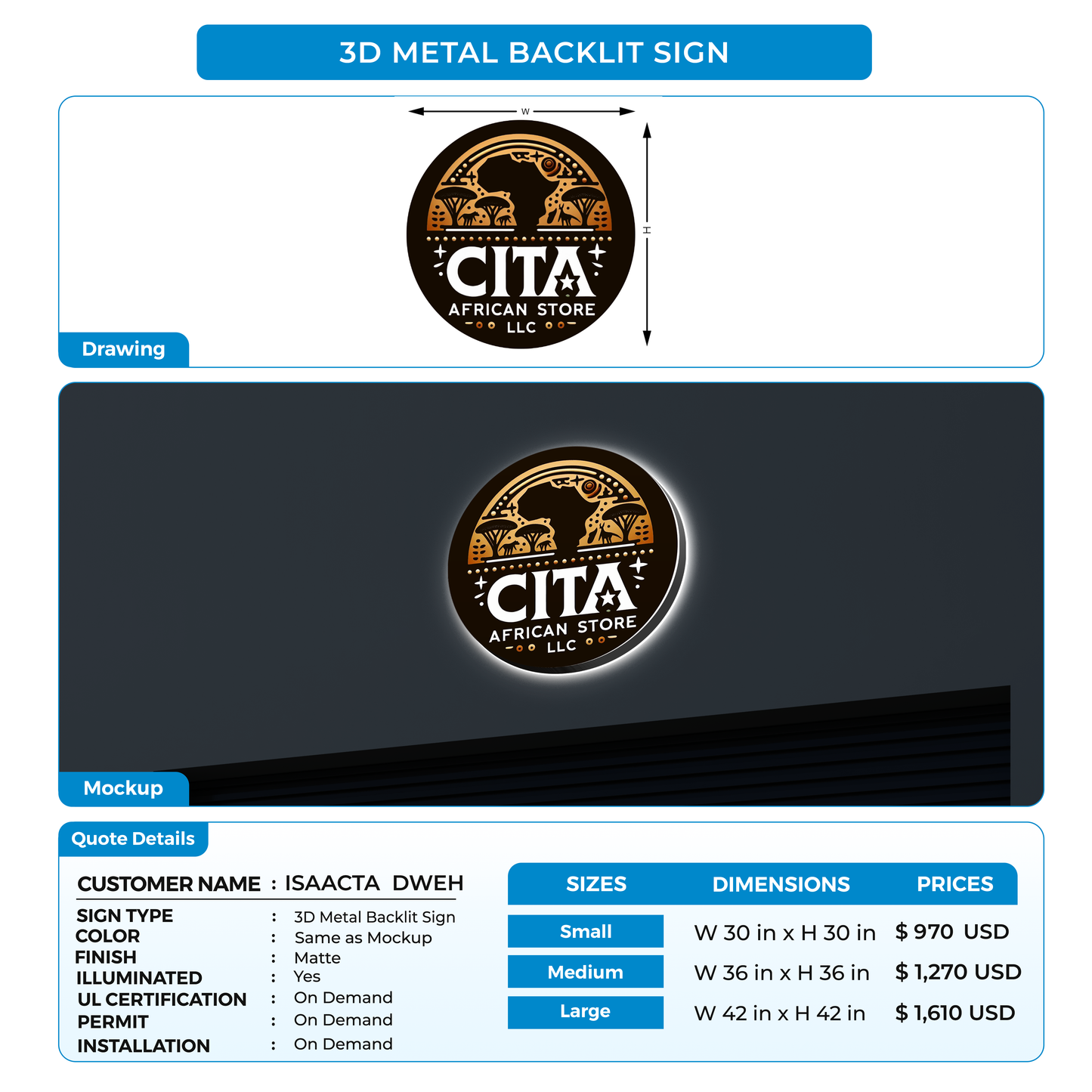 CUSTOM SIGNS FOR ISAACTA  DWEH