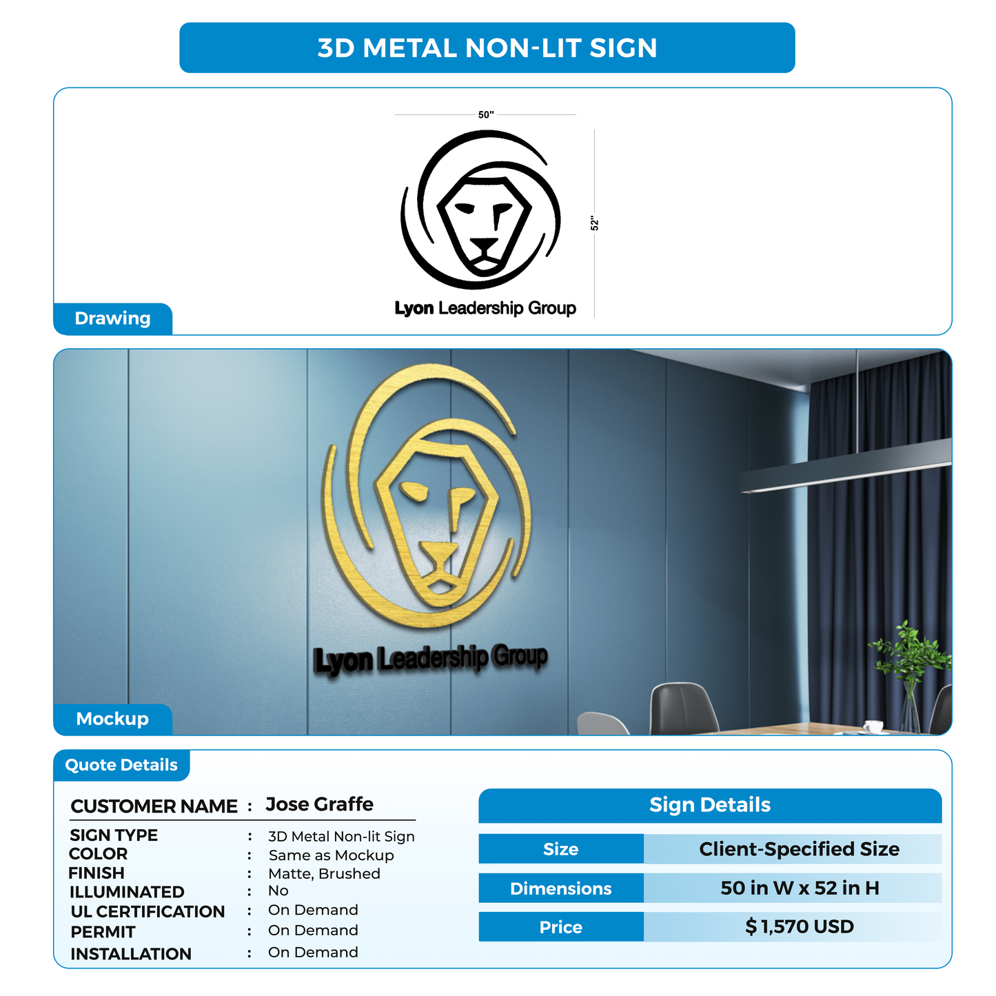 3D metal non-lit sign for Jose Graffe