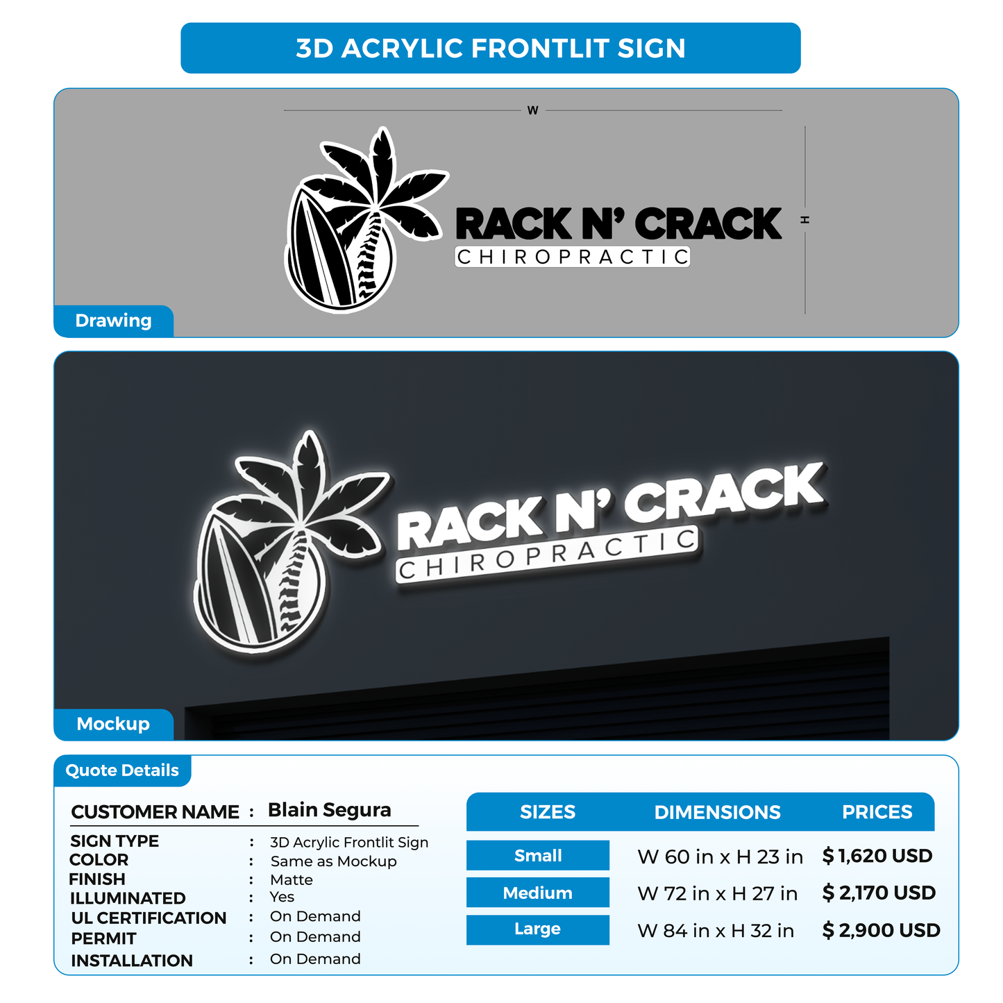 Business signage for Blain Segura
