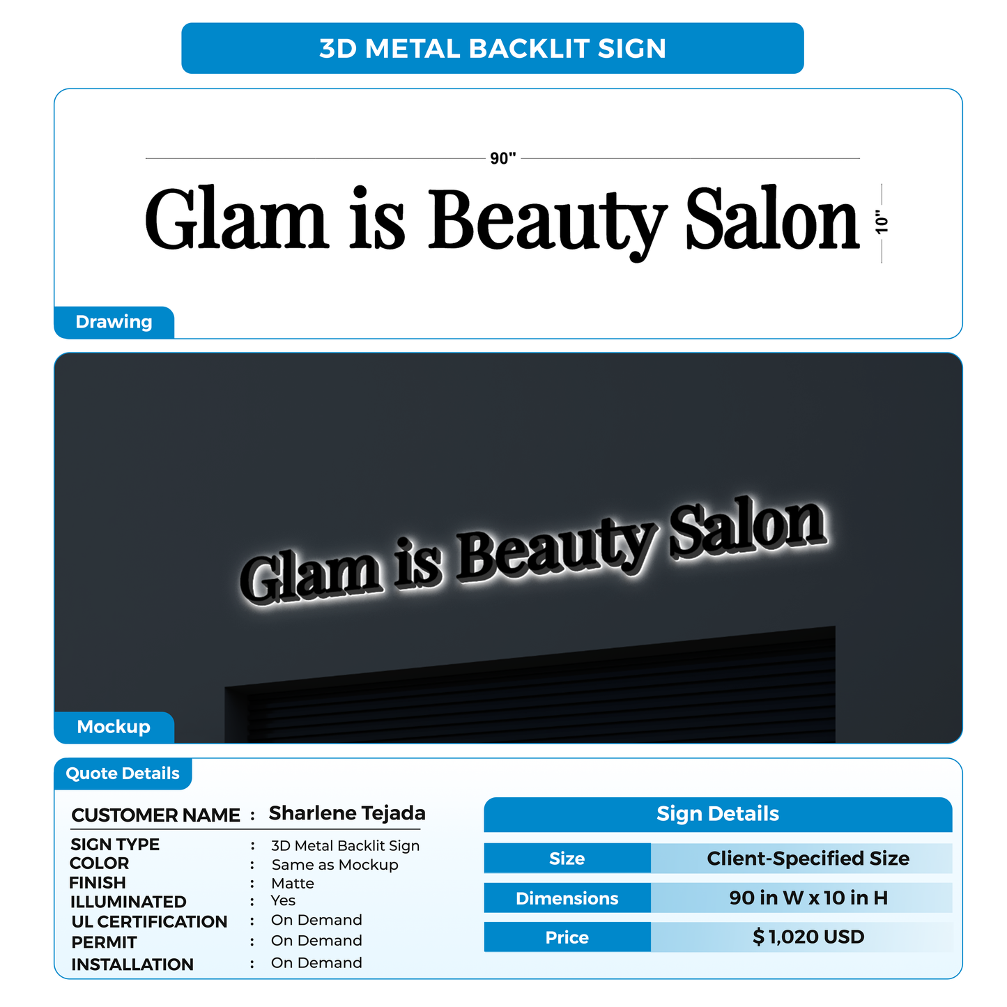 3D metal backlit sign for Sharlene Tejada