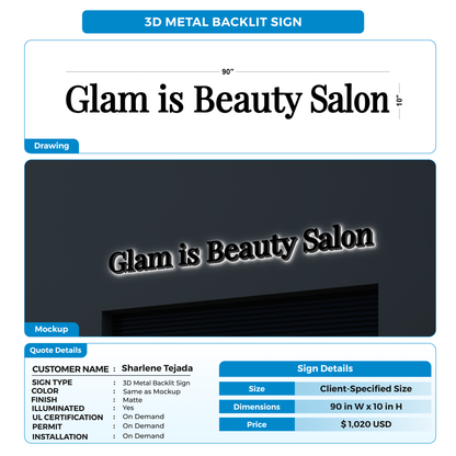 3D metal backlit sign for Sharlene Tejada