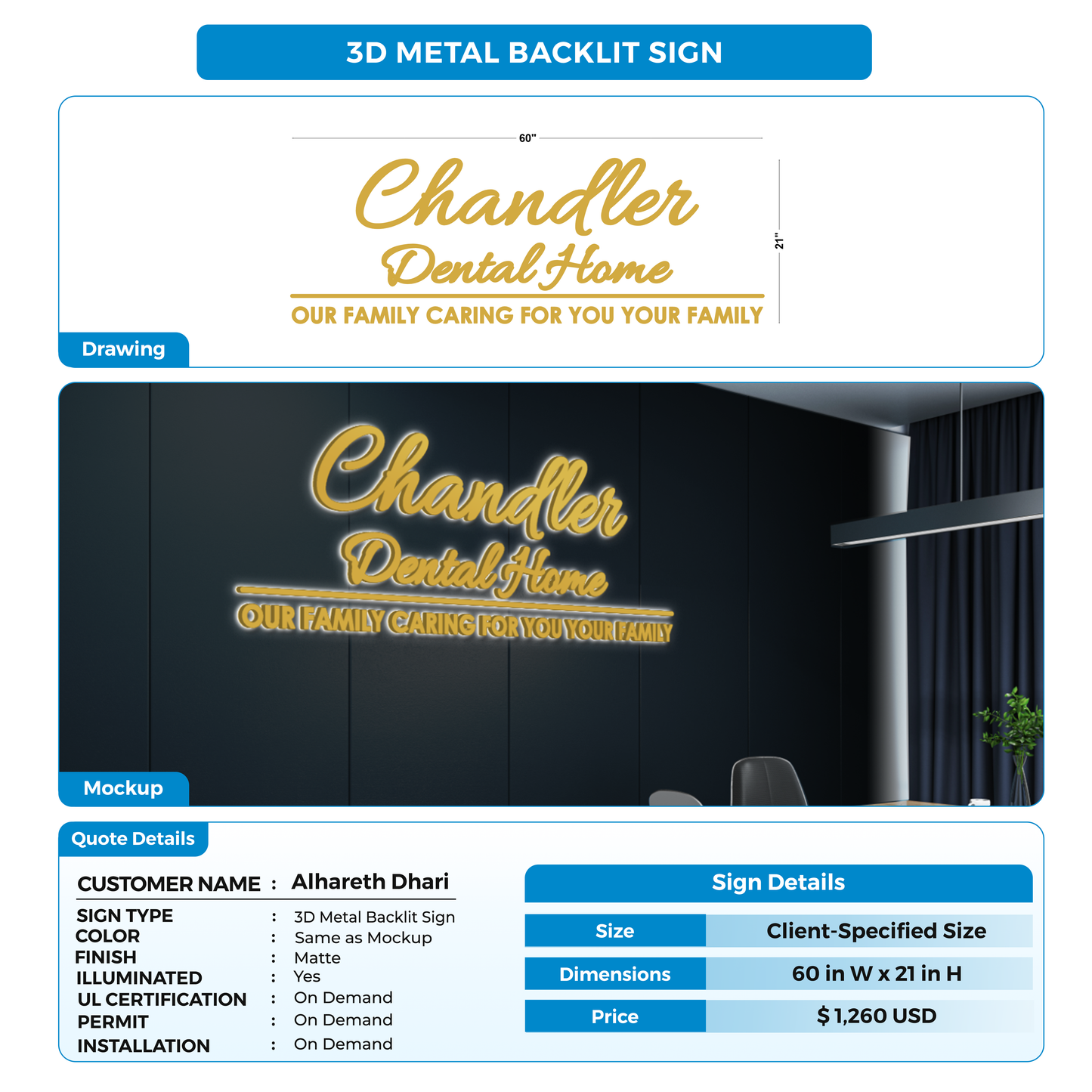 3D metal backlit sign for Alhareth Dhari