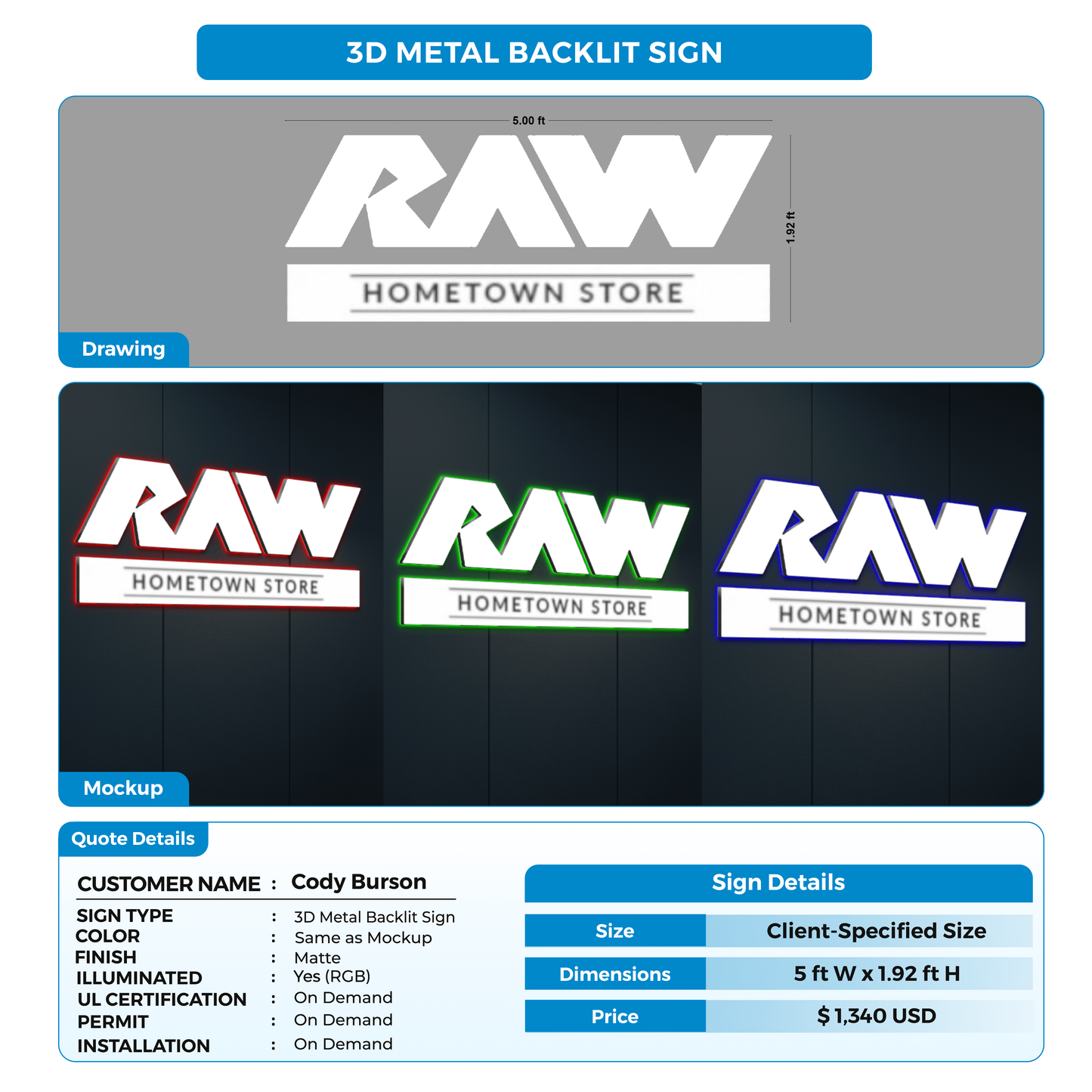 3d metal backlit sign for Cody Burson