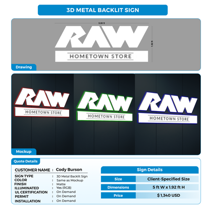3d metal backlit sign for Cody Burson
