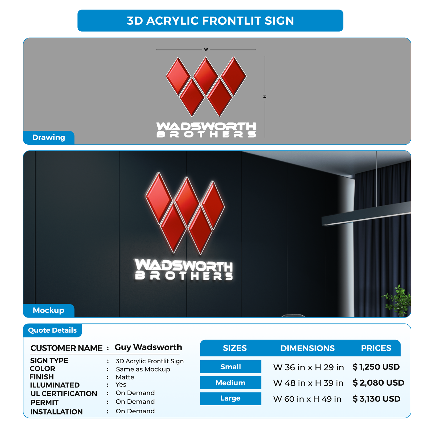 3D acrylic frontlit sign for Guy Wadsworth