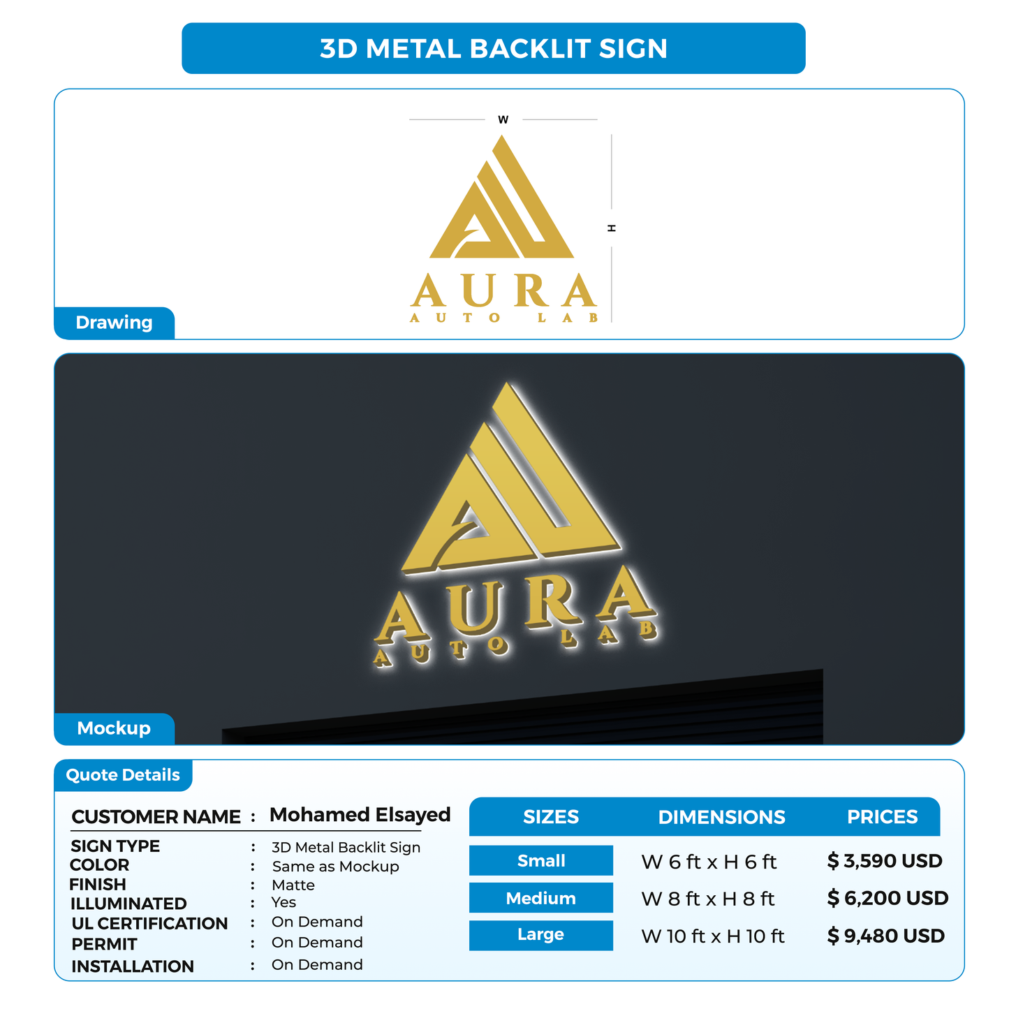 3D metal backlit sign for Mohamed Elsayed