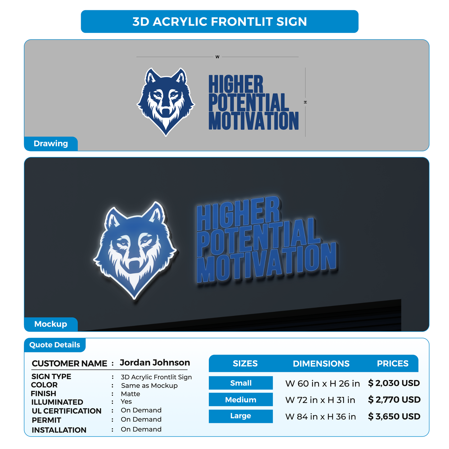 3D acrylic frontlit sign for Jordan Johnson
