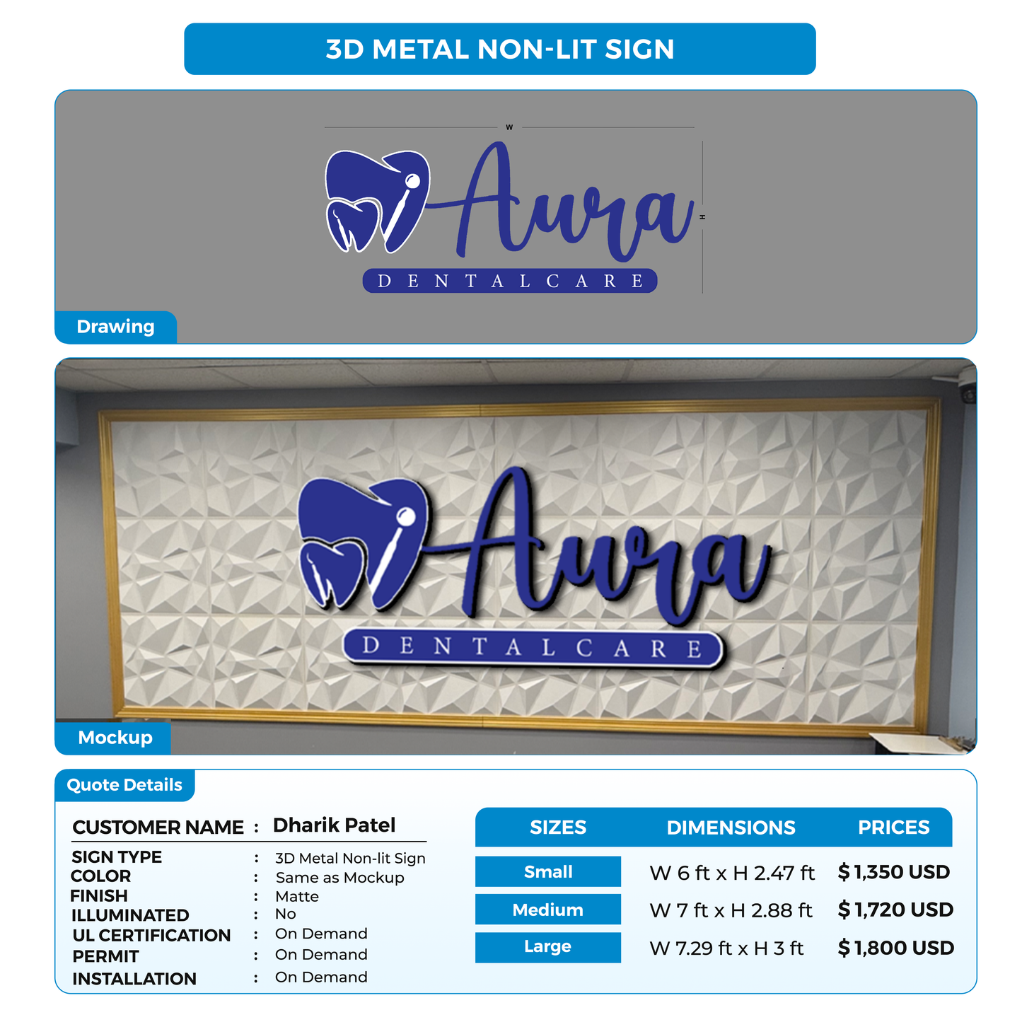 3D Metal Non lit sign for Dharik Patel.