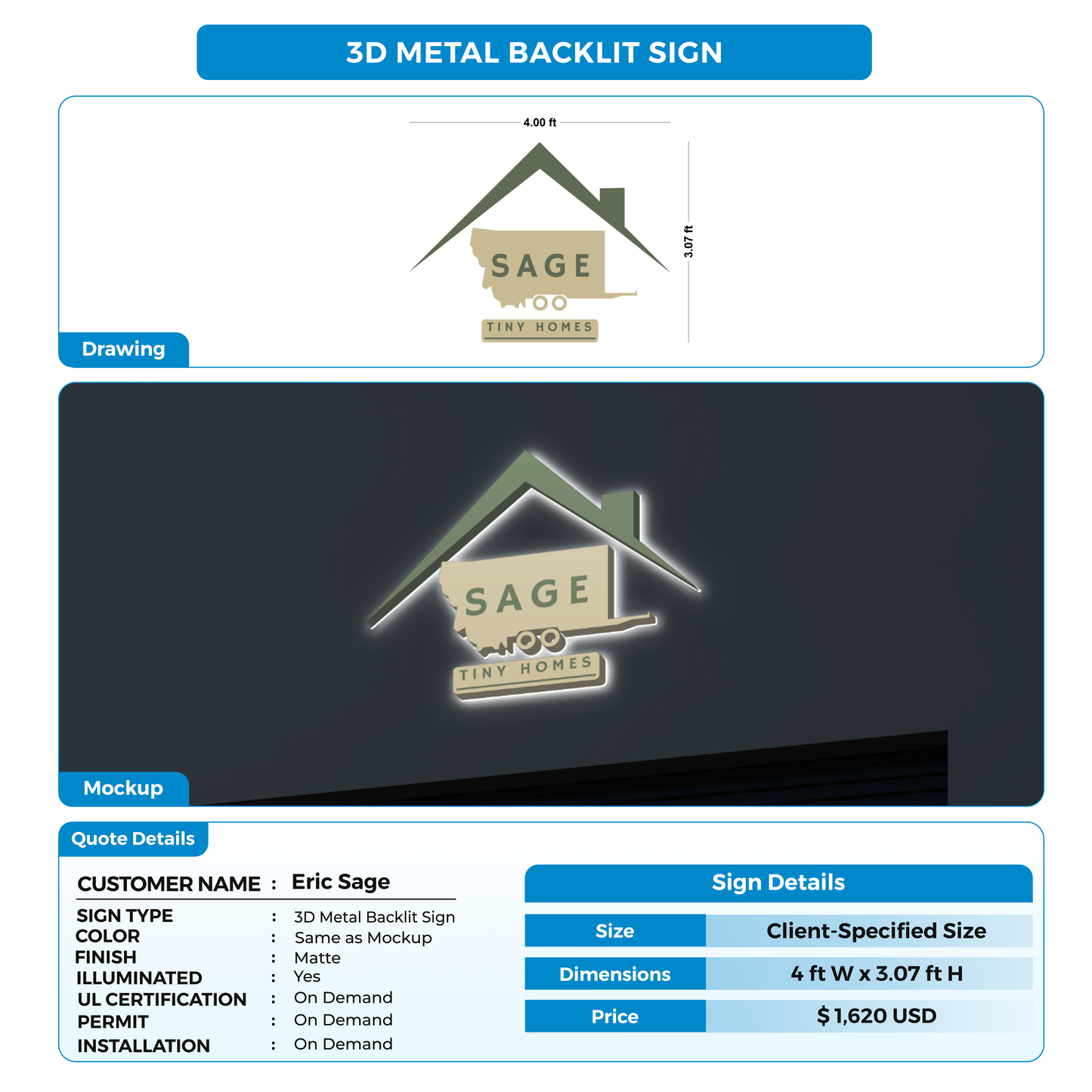 3d metal backlit sign for Eric Sage