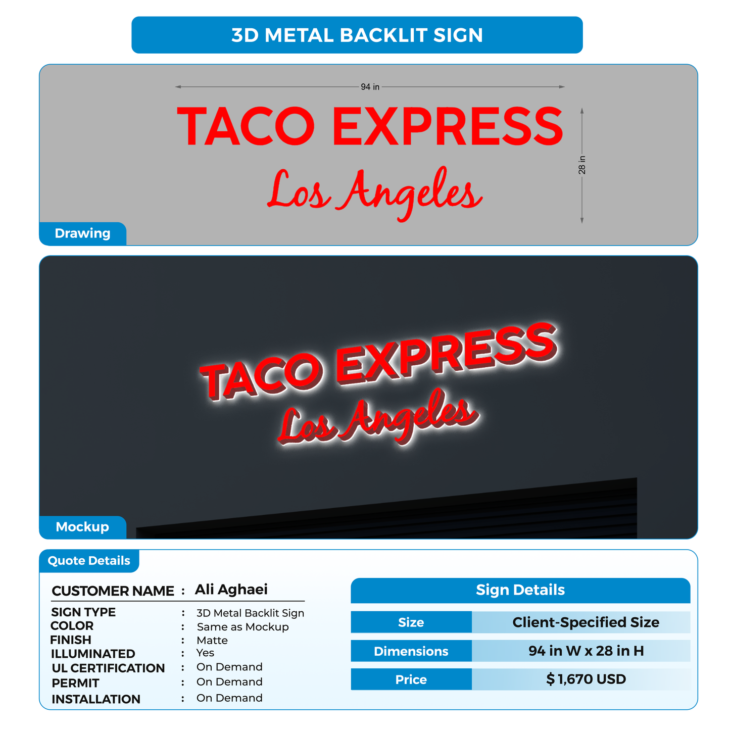 3D Metal Back-lit Sign For Ali Aghaei