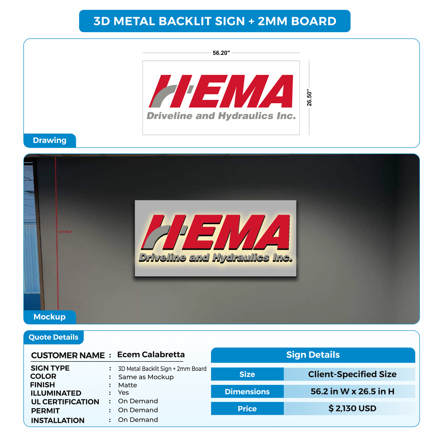 3d metal backlit sign + 2mm board For Ecem Calabretta (50% amount payment link)