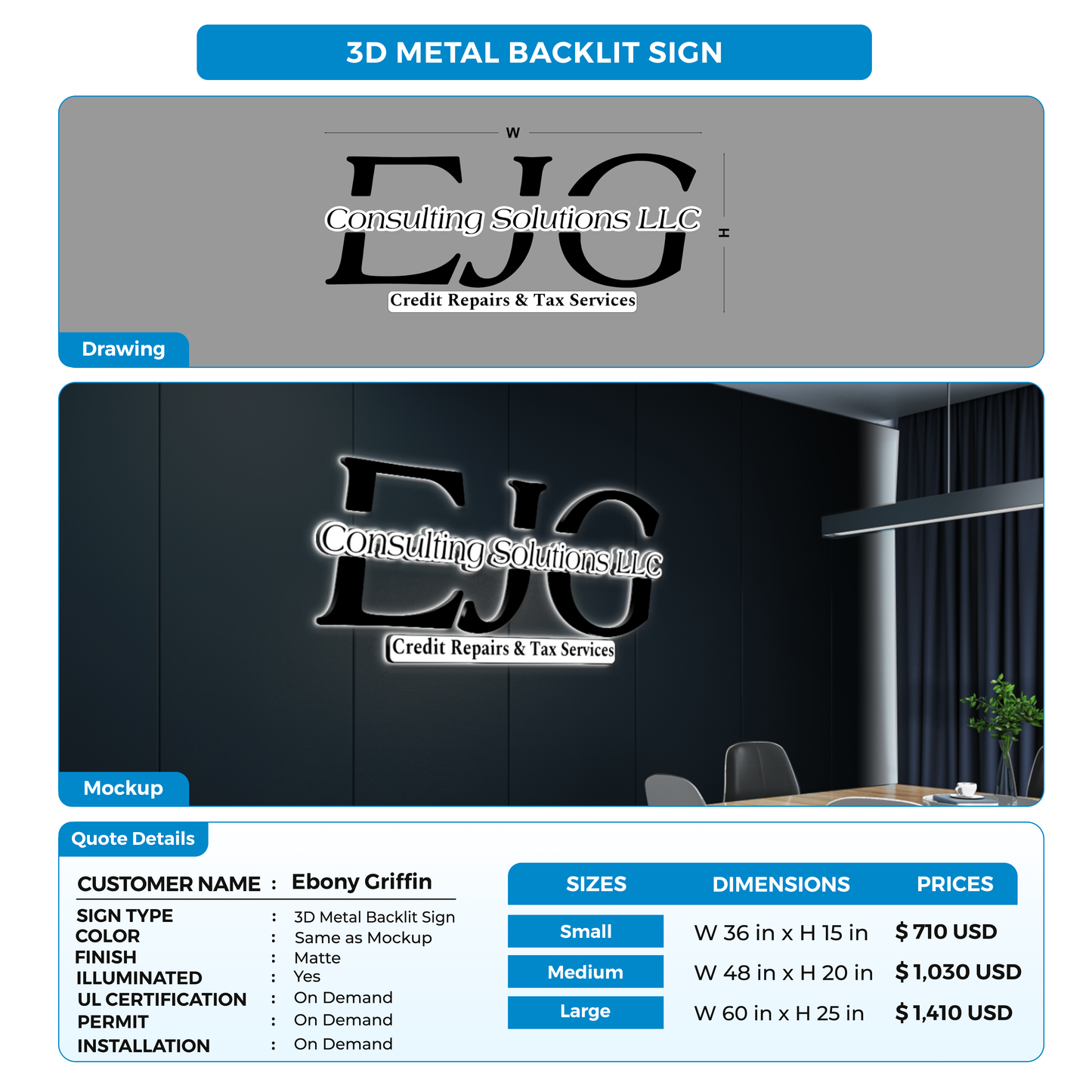 3D metal backlit sign for Ebony Griffin