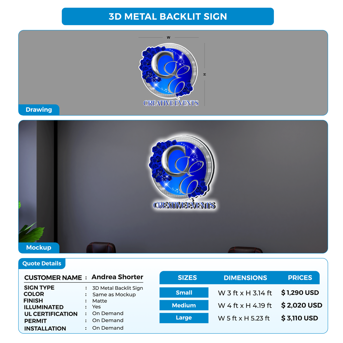 3D metal backlit sign for Andrea Shorter Amos