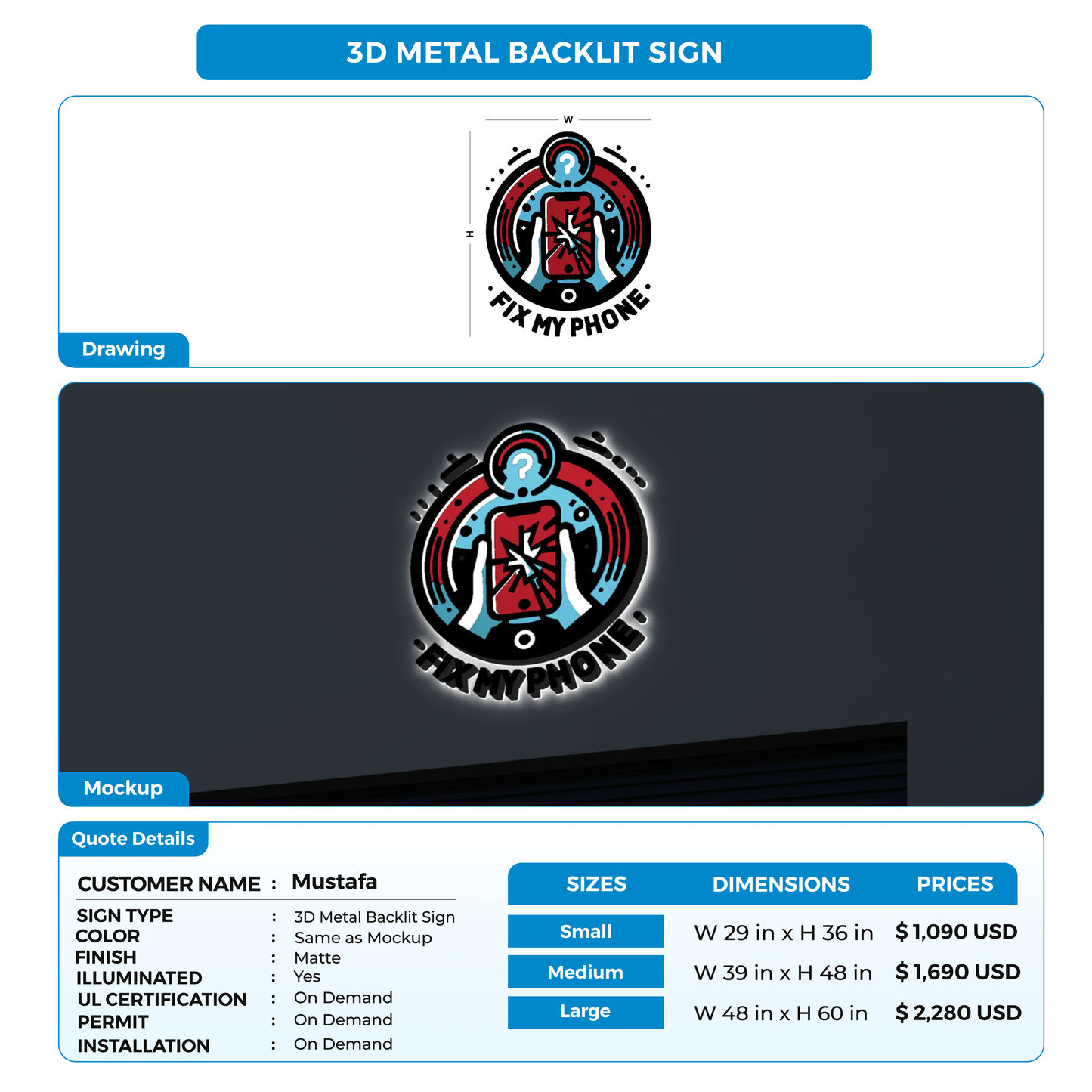 3D metal backlit sign for Mustafa