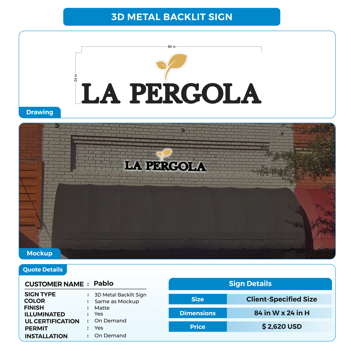 3D Metal Backlit Sign For Pablo