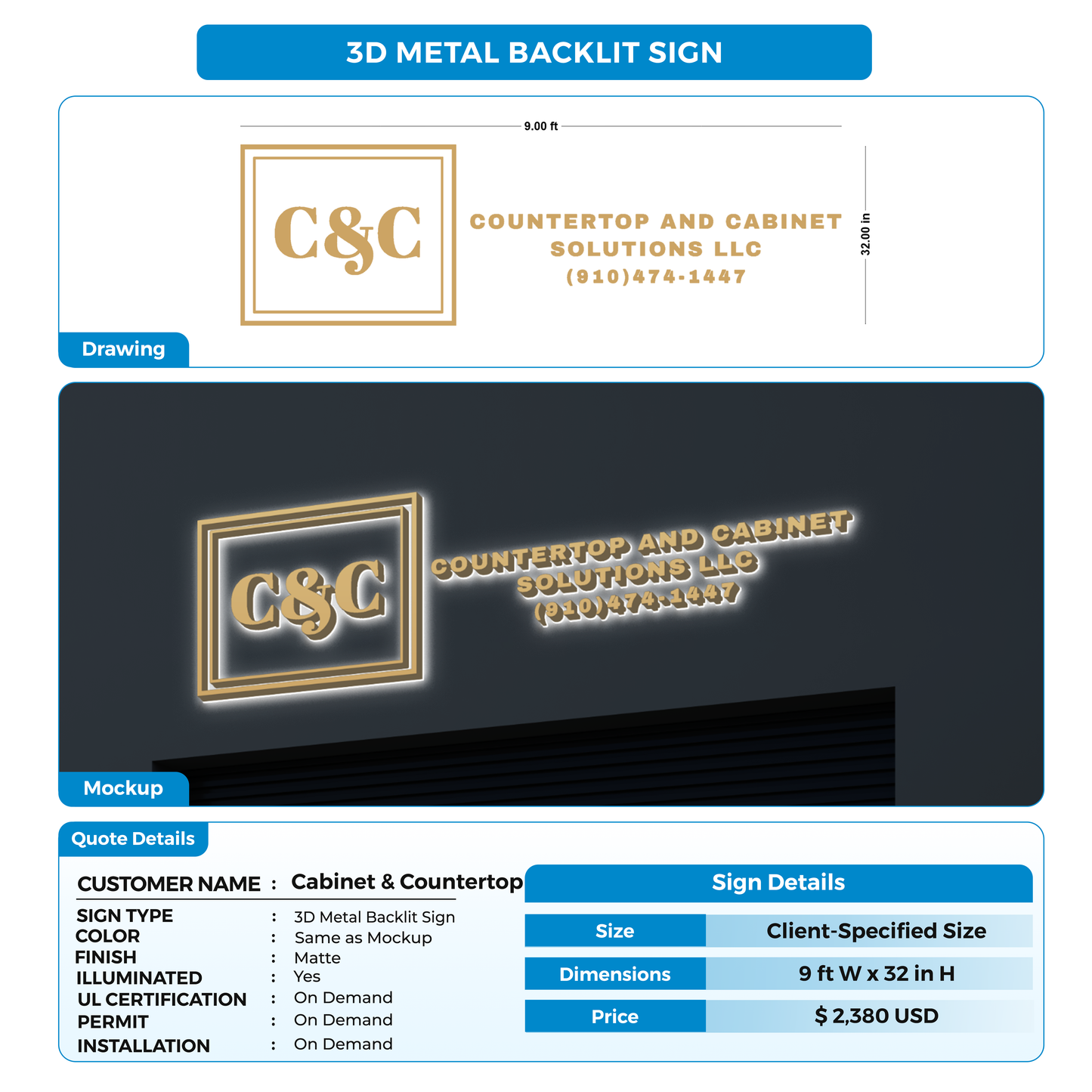 3D metal backlit sign for Cabinet & Countertop Solutions