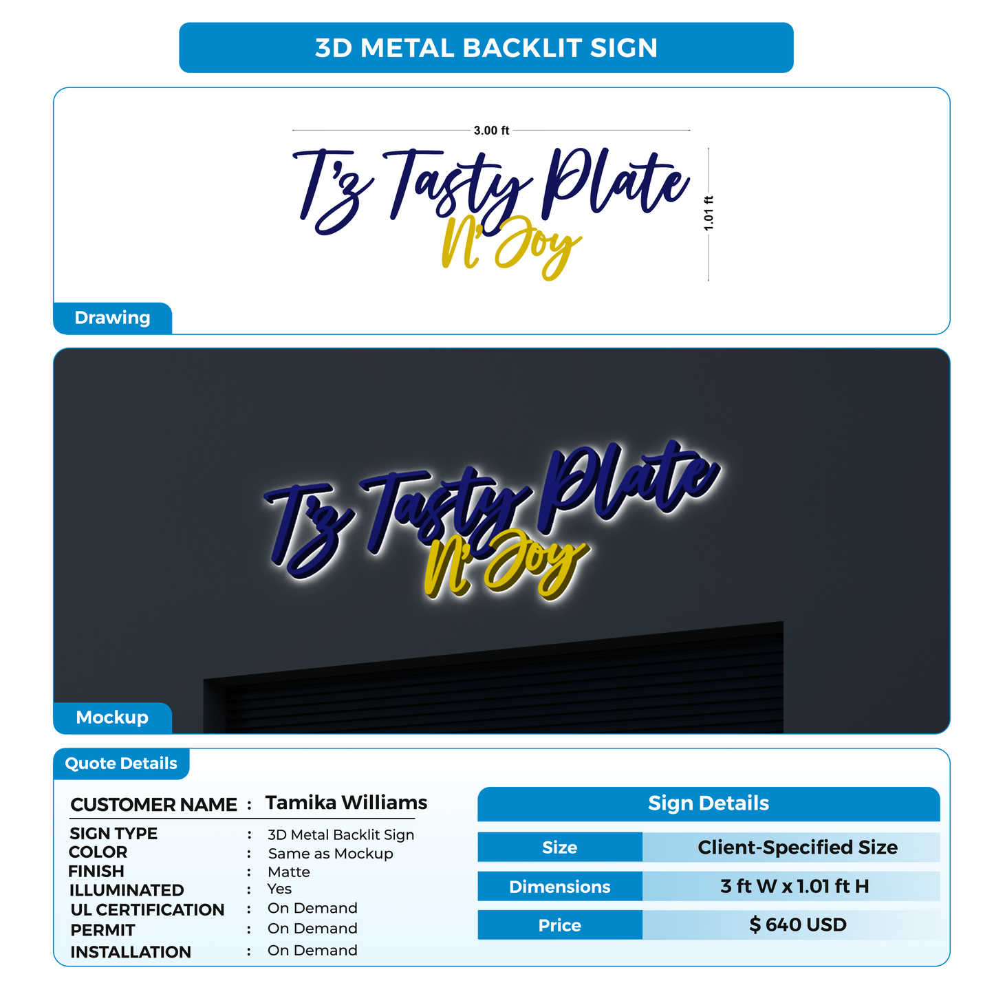 3D metal backlit sign FOR Tamika Williams