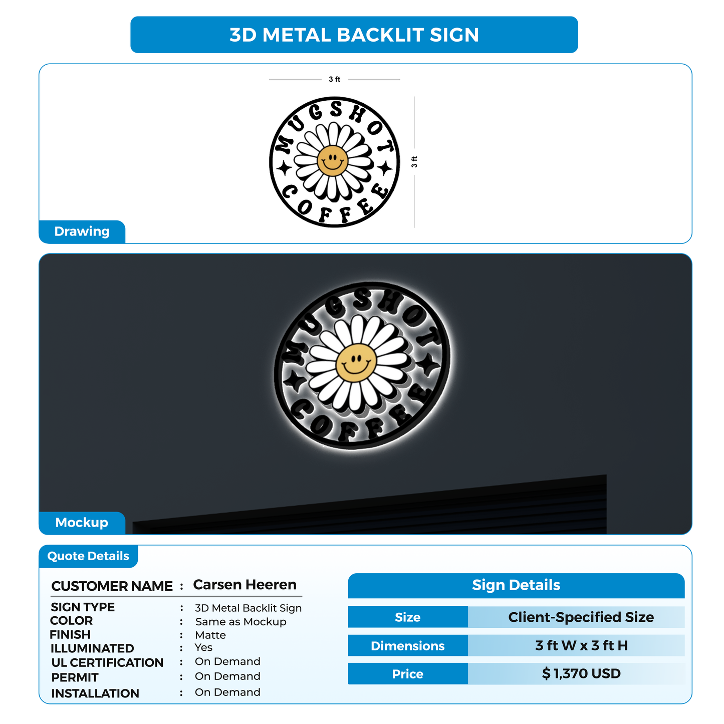 3D Metal Backlit Sign for Carsen Heeren