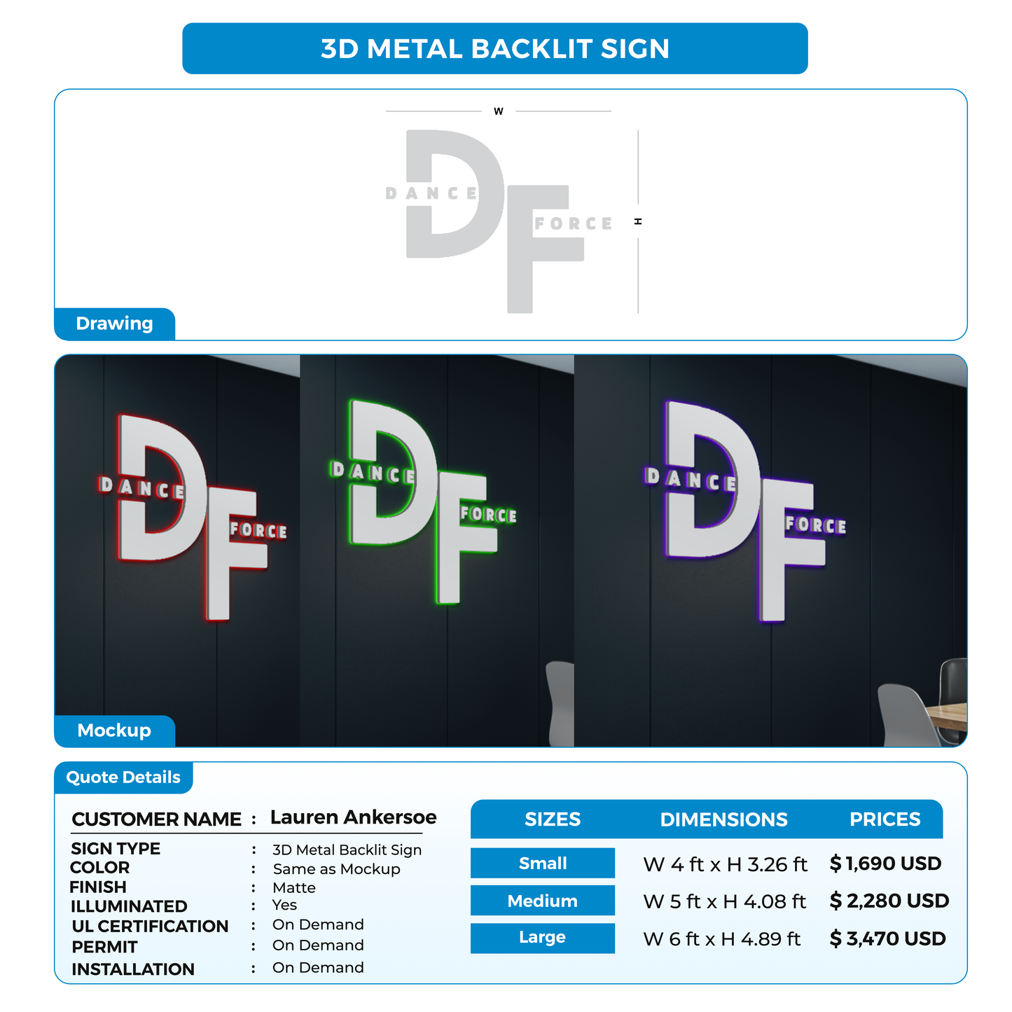 3D metal backlit sign for Lauren Ankersoe