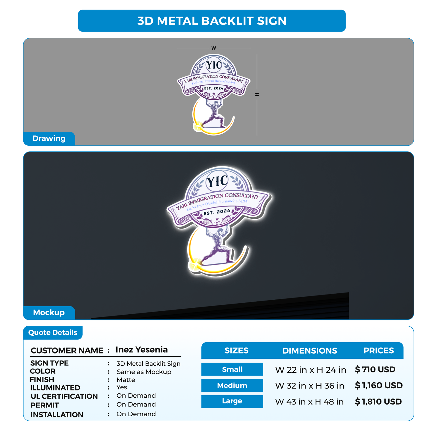 3d metal backlit sign for Inez Yesenia Hernandez