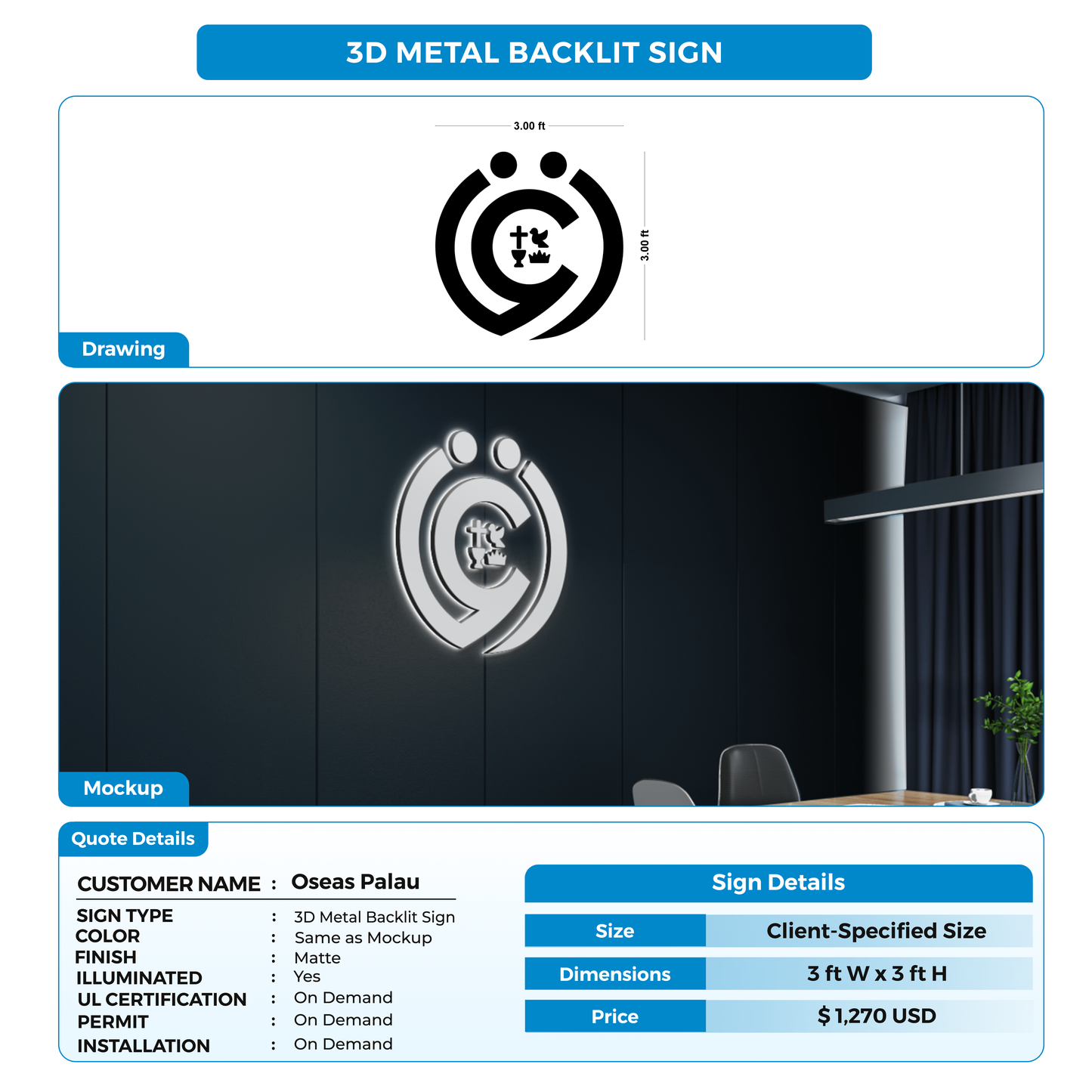 3D Metal Backlit Sign for Oseas Palau