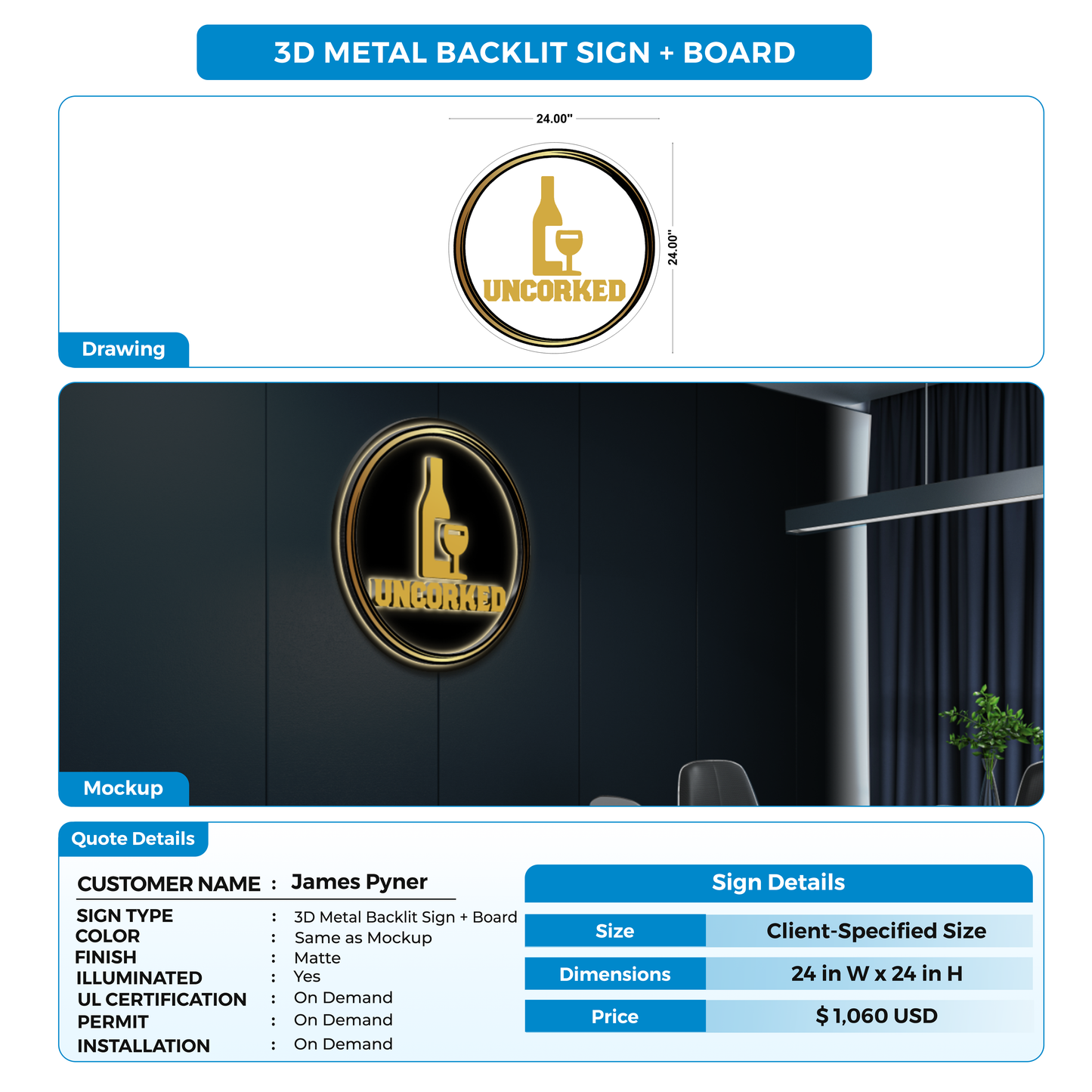 3D Metal Backlit Sign + Board for James Pyner