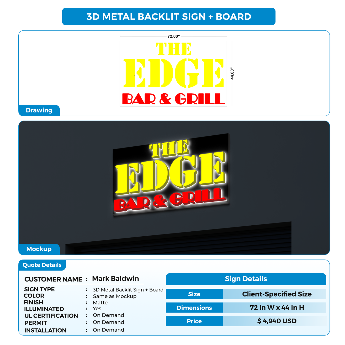 3D metal backlit sign with board for Mark Baldwin